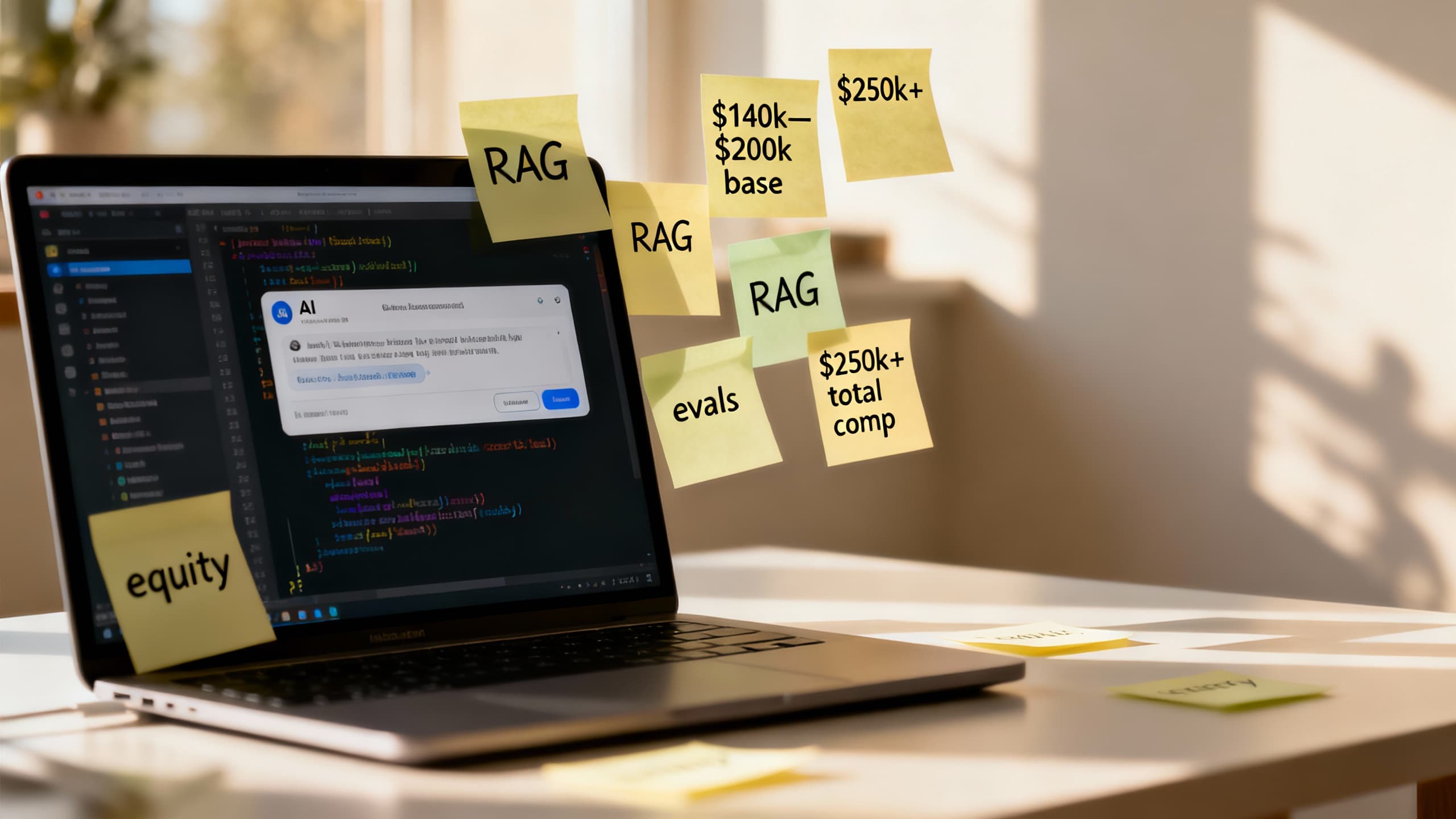 Modern desk with laptop and sticky notes showing salary ranges and compensation components