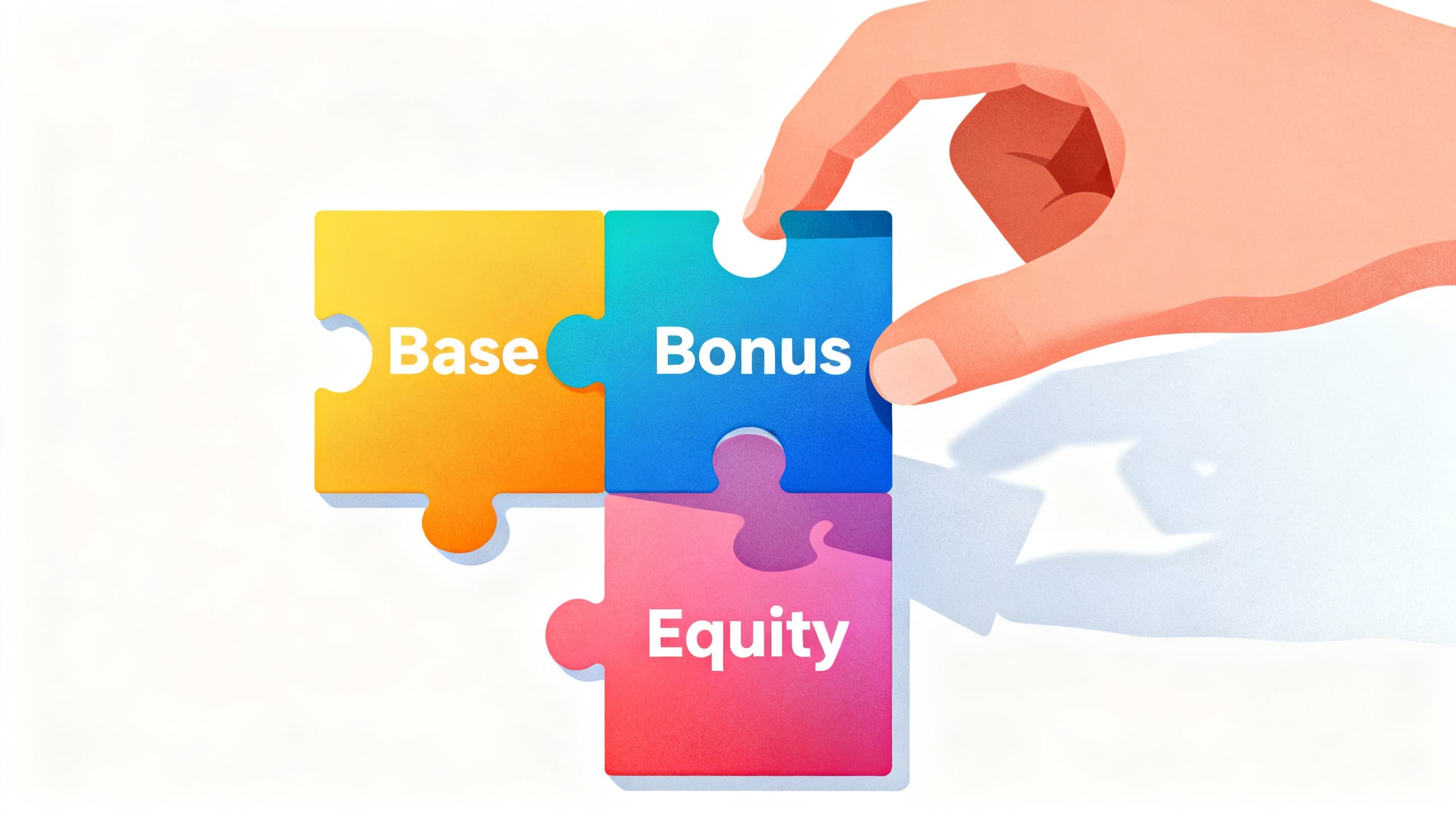 Conceptual illustration of total compensation as puzzle pieces labeled base, bonus, equity
