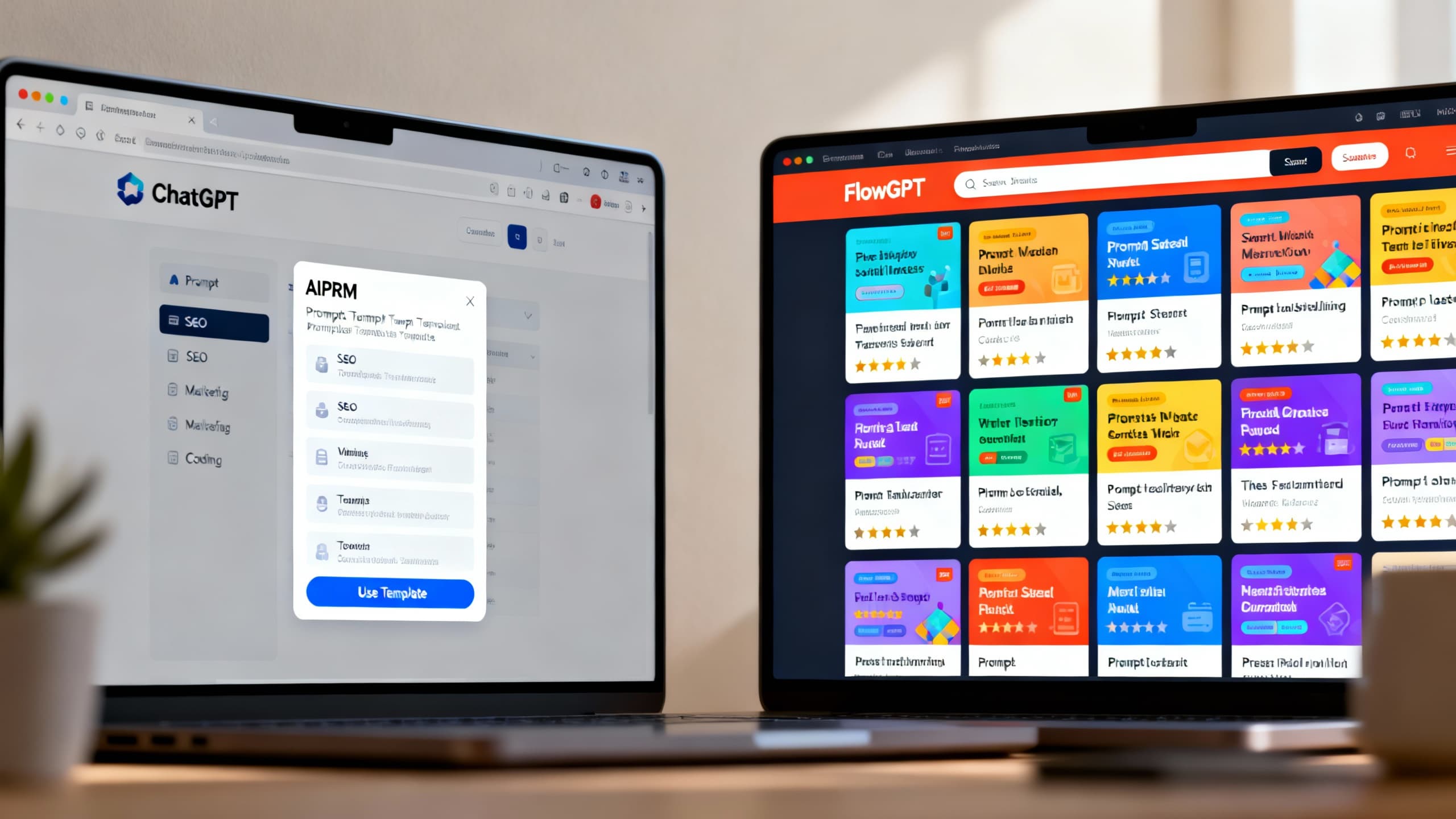 Split-screen of a browser showing AIPRM integrated into ChatGPT on the left and FlowGPT's prompt marketplace on the right