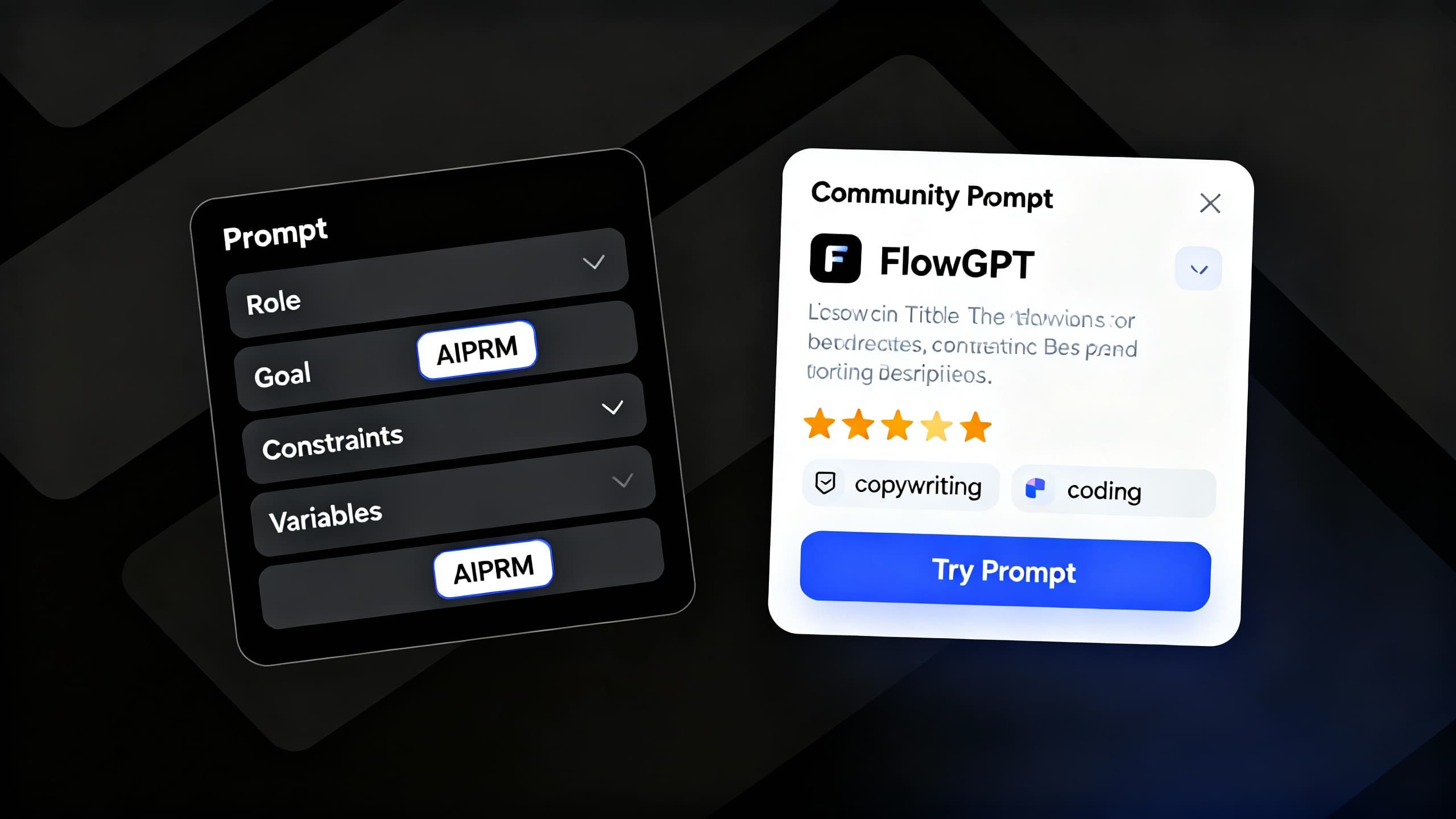 A side-by-side view of a structured AIPRM template with variables and a FlowGPT community prompt card with ratings and tags