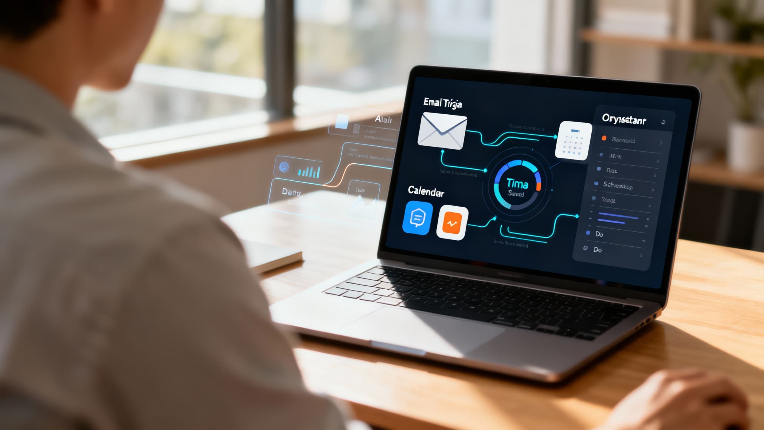 A clean desktop showing an AI assistant orchestrating inbox triage, calendar, and tasks, with subtle data flows connecting apps