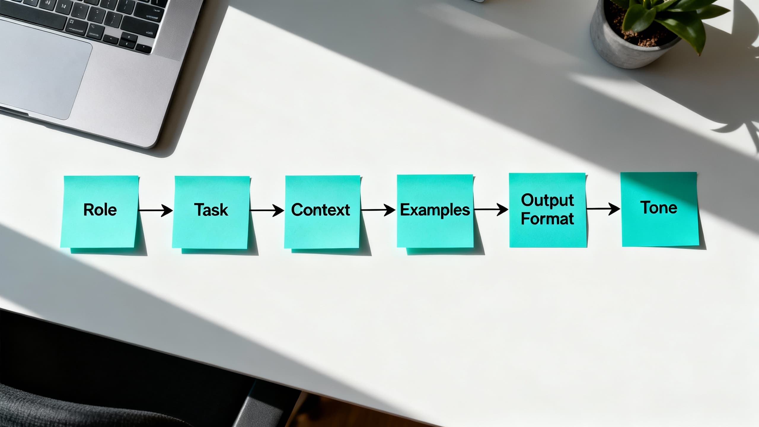 A tidy desk with sticky notes labeled Role, Task, Context, Constraints, Examples, Output Format, and Tone, arranged in a workflow path
