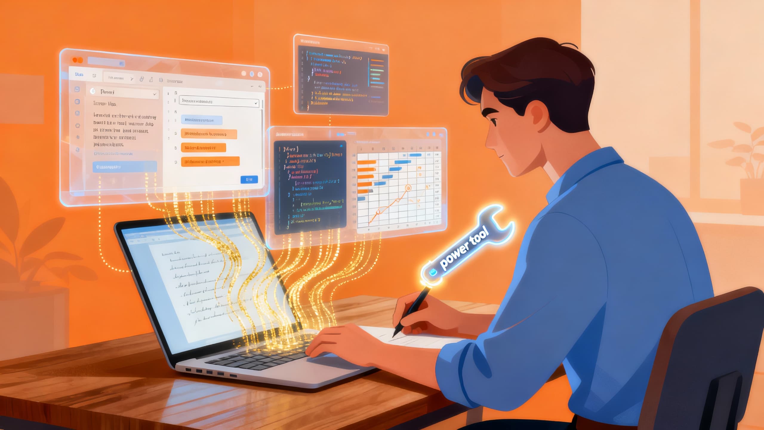 An office worker using an AI 'power tool' that accelerates digital tasks, with glowing assistive UI elements