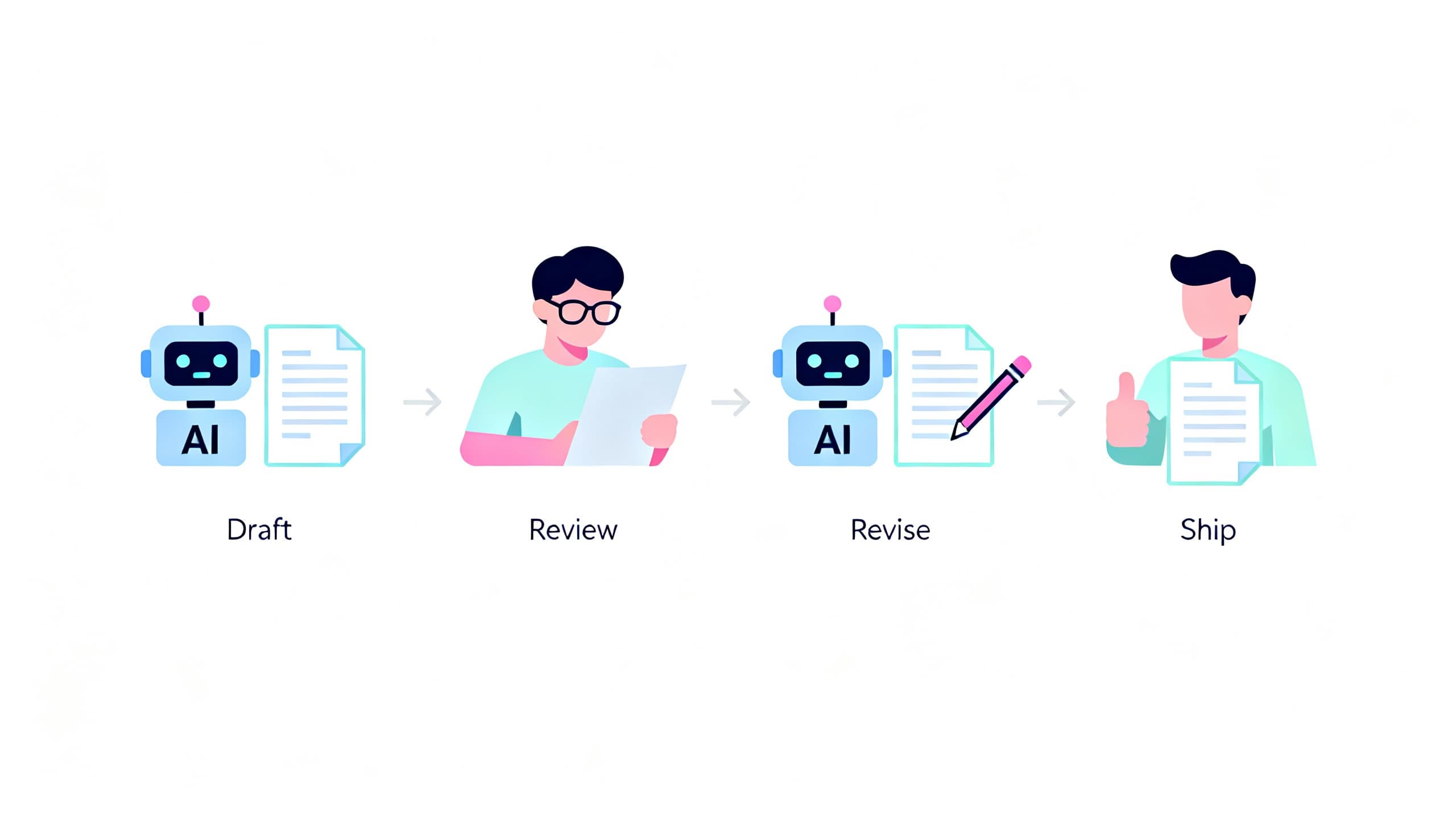 A human-in-the-loop assembly line showing AI drafting, human review, and final approval stages
