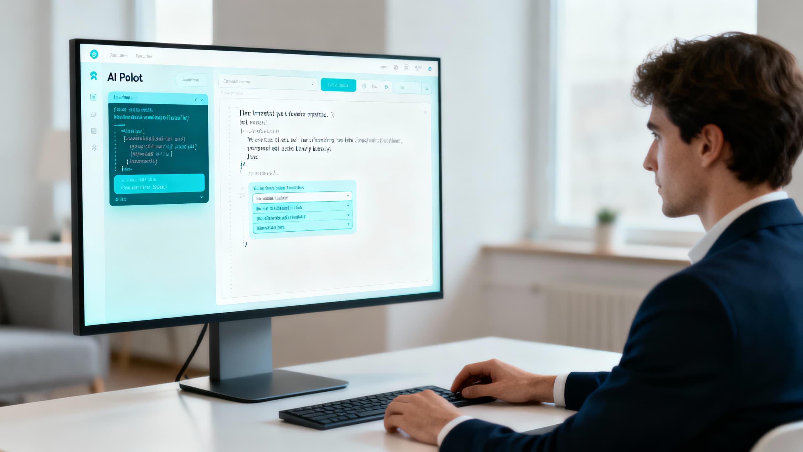 A human professional and an AI co-pilot interface working side-by-side on a clean desktop workspace