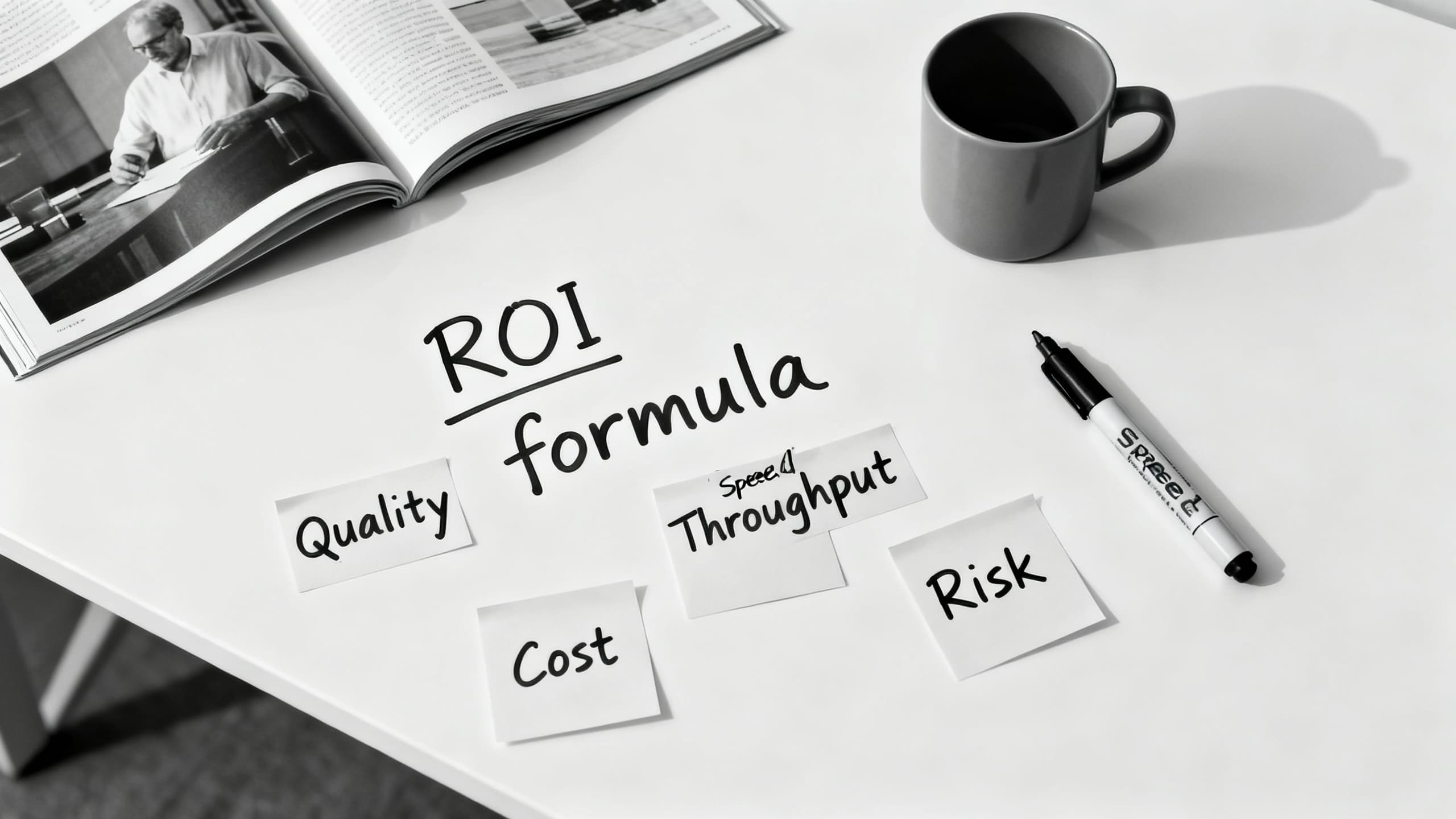 A whiteboard with a clean ROI formula and sticky notes for Speed, Quality, Cost, and Risk