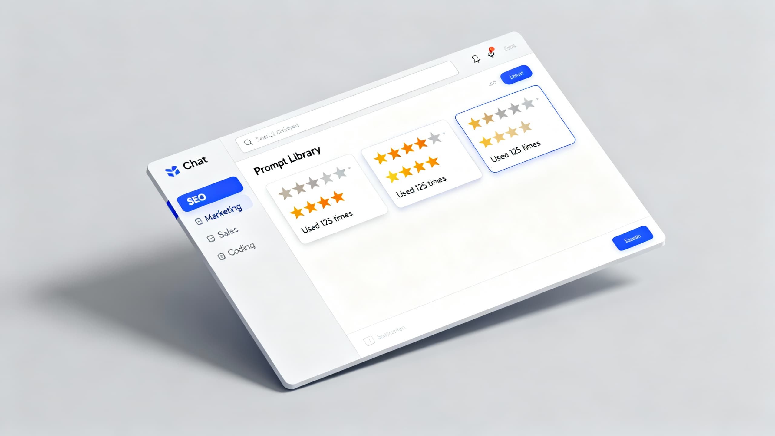 A clean browser window showing a prompt library overlay on top of a chat interface, with categories like SEO, Marketing, Coding, and Operations, plus search and rating filters.