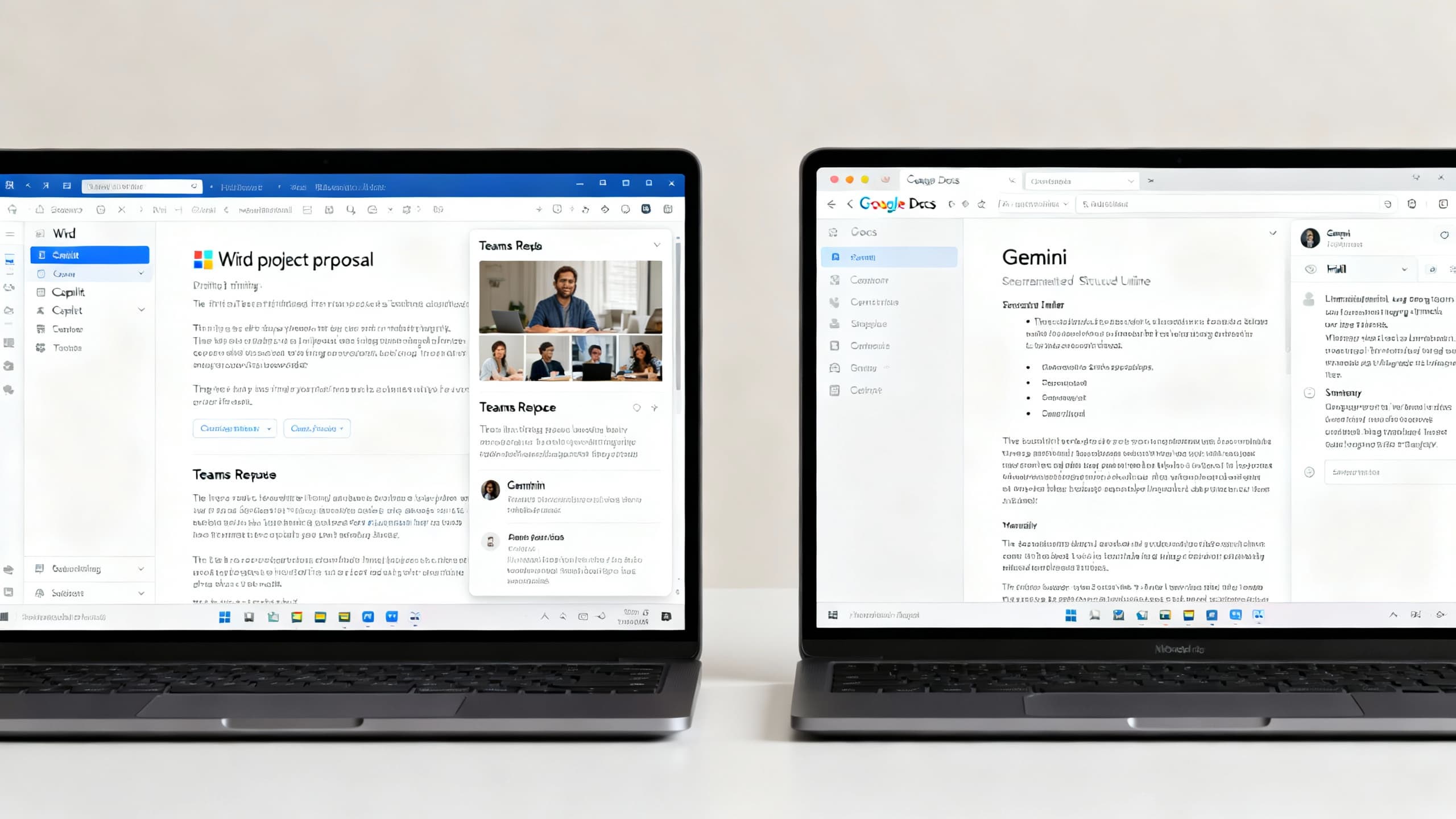 Side-by-side UI comparison of Microsoft Copilot in Word and Google Gemini in Docs, both assisting with summarization and outlining