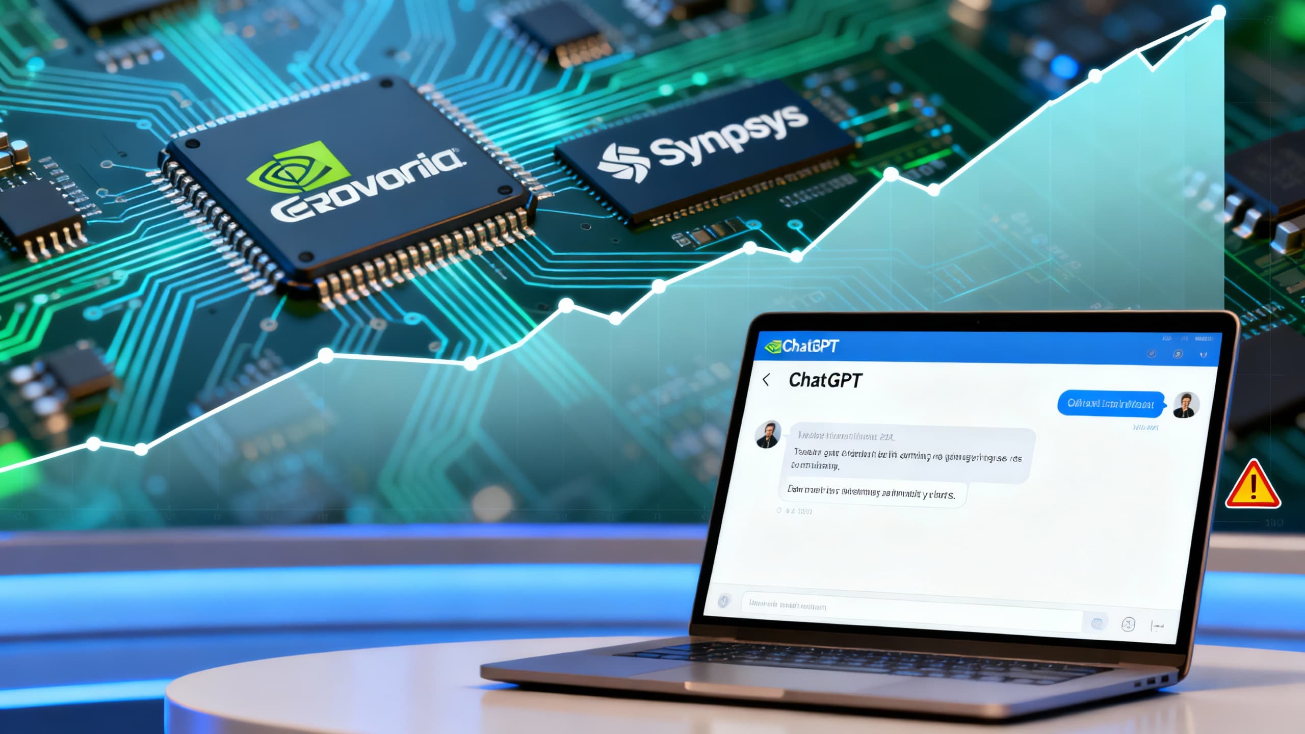 Collage showing ChatGPT UI, Nvidia and Synopsys logos, and a warning sign overlay representing cybersecurity risk