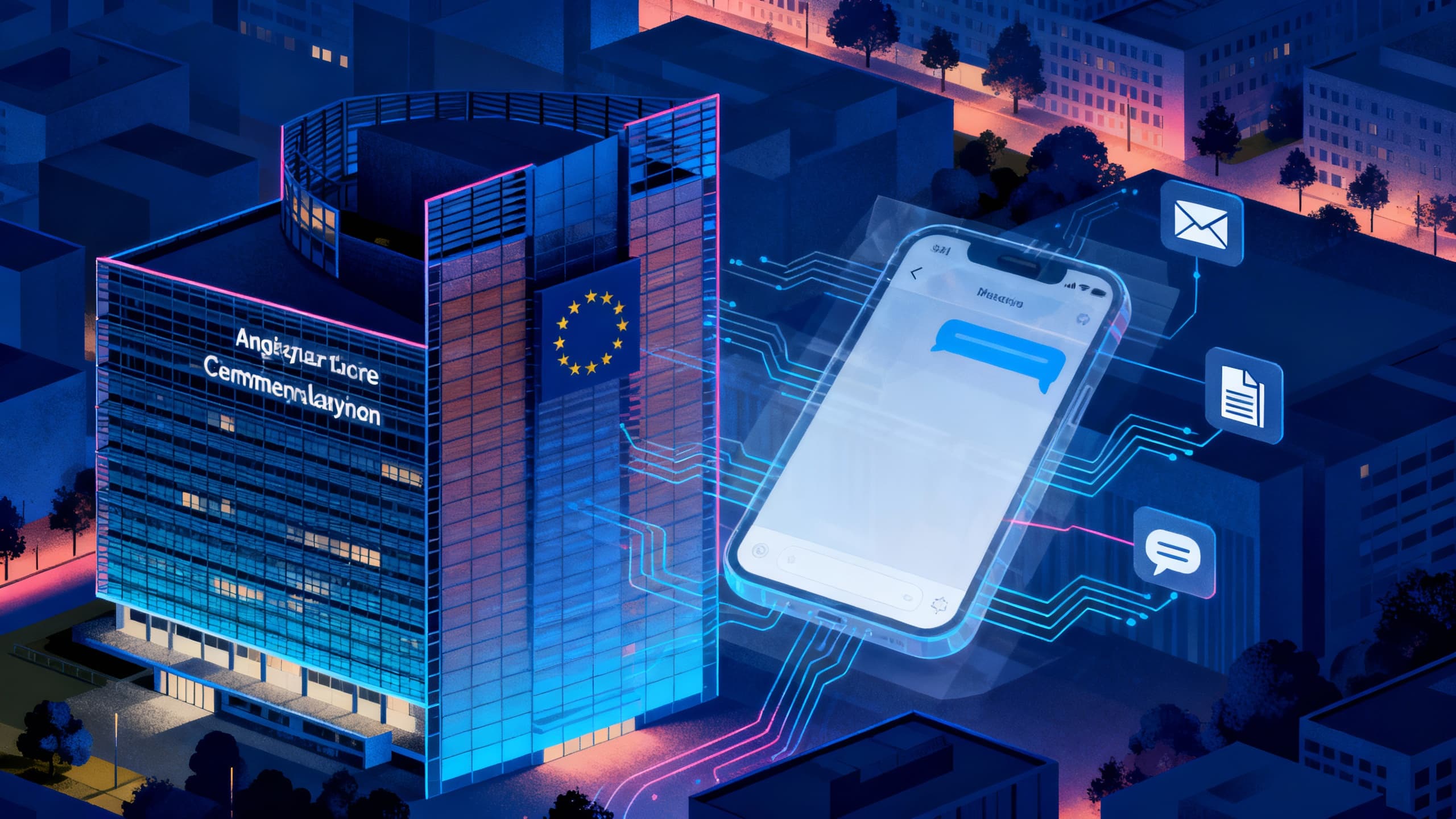 Composite scene: EU Berlaymont building with a stylized smartphone chat interface overlay, plus subtle nodes representing AI agents inside office apps