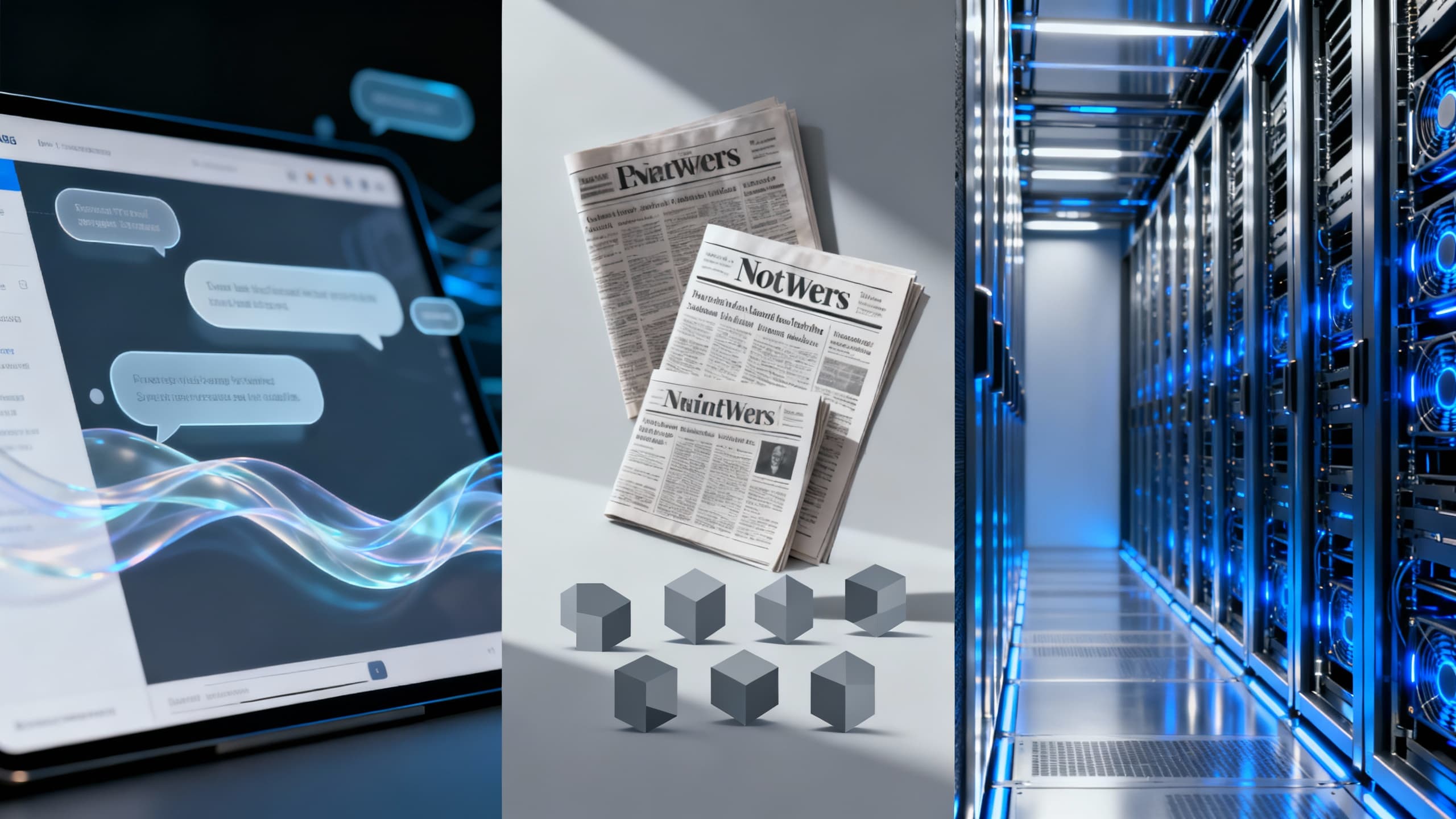Collage of an AI assistant overlaying newspaper icons and a data center, symbolizing content licensing and infrastructure expansion
