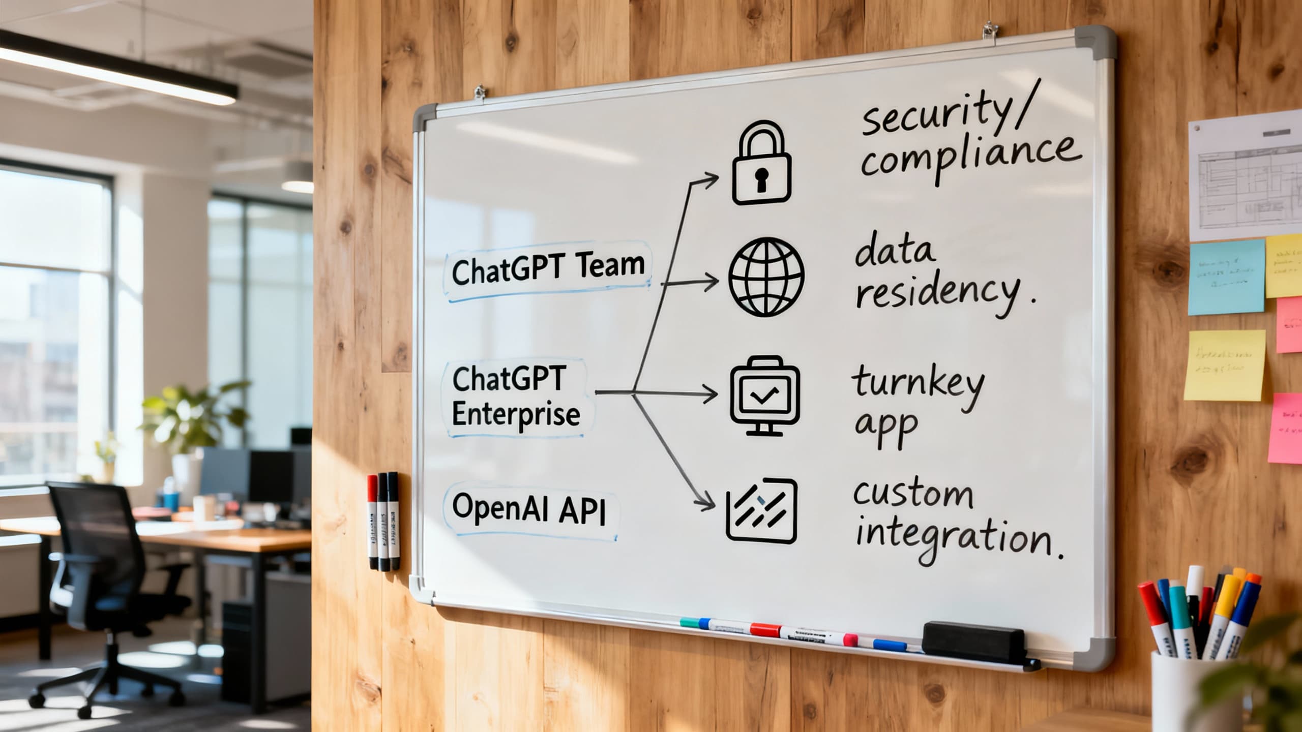 Decision tree sketch: choosing Team, Enterprise, Azure OpenAI, or API based on requirements