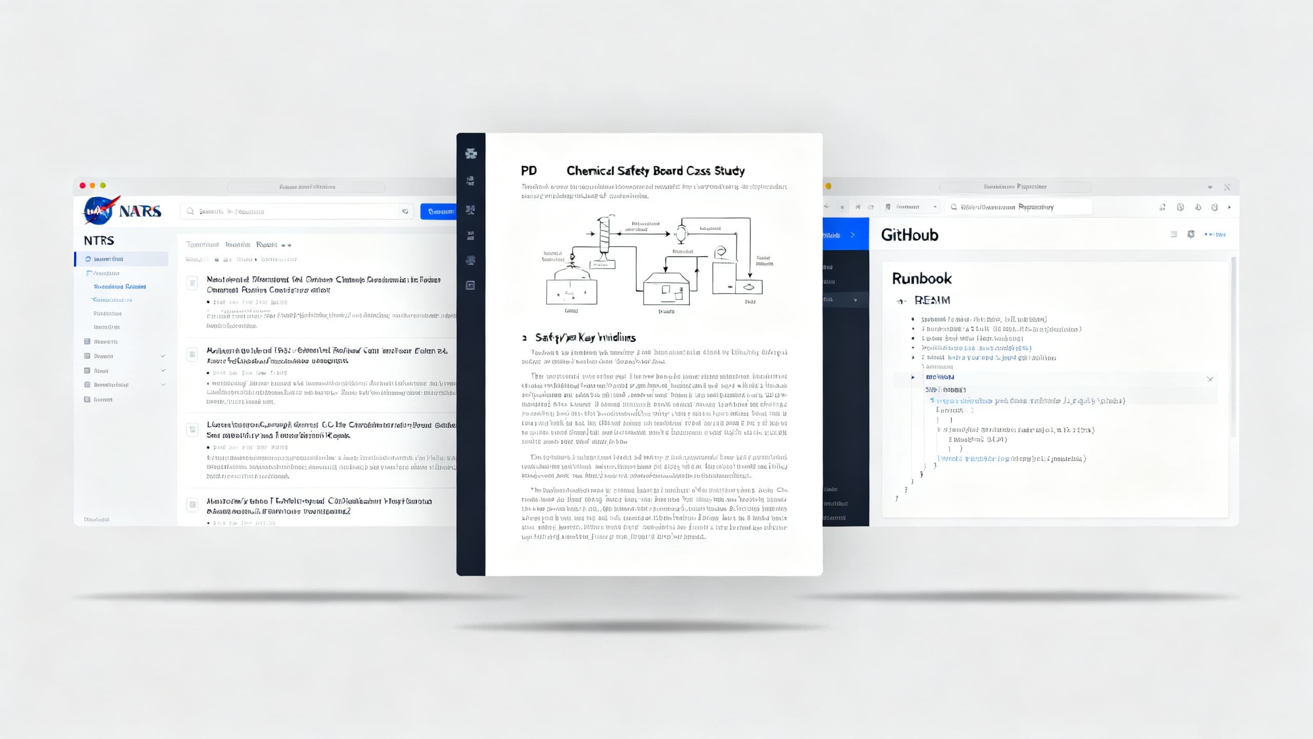 Collage of public technical repositories: NASA NTRS search page, CSB case study PDF, and a GitHub runbook repository window