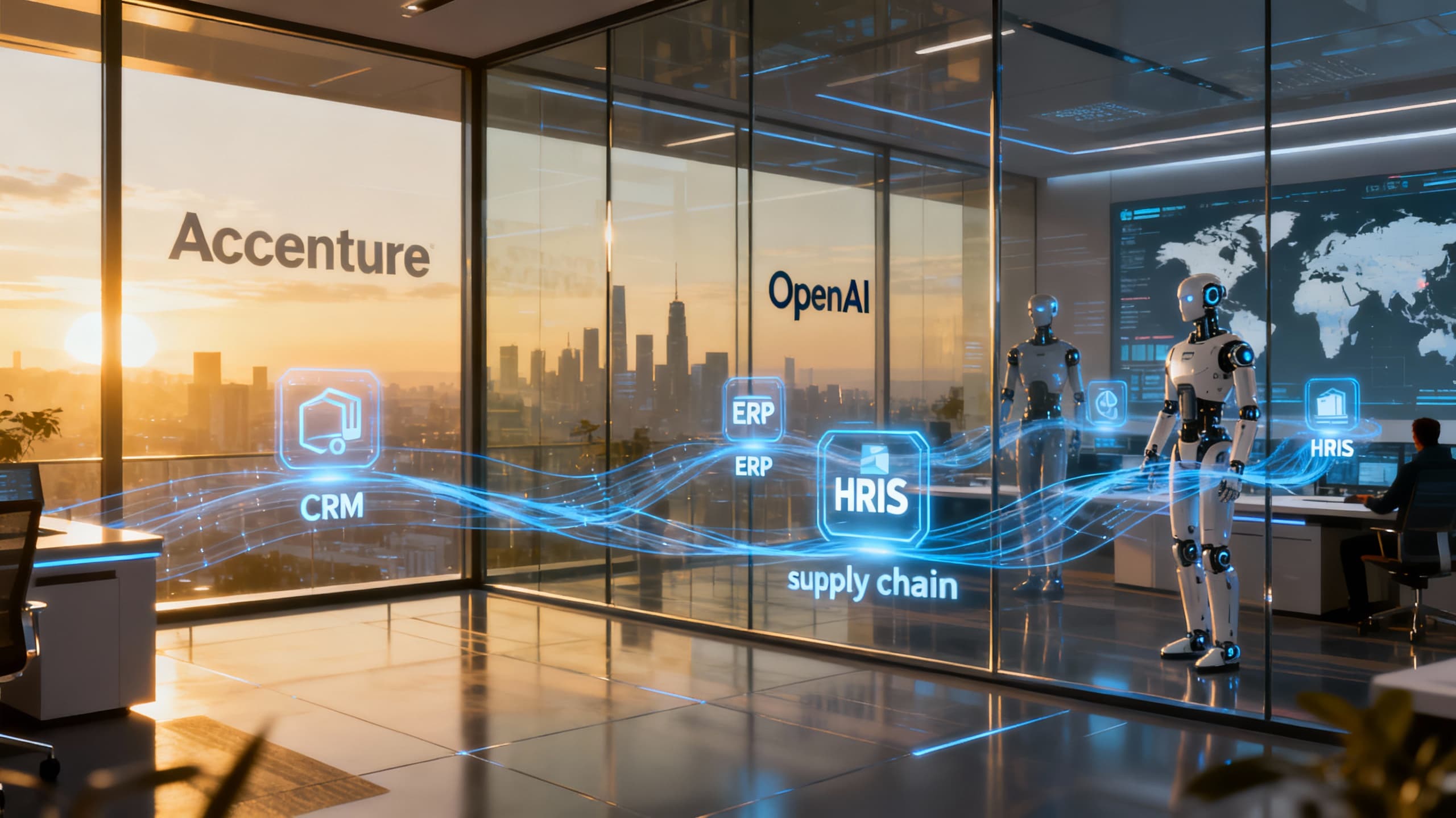 Conceptual visualization of enterprise AI agents orchestrating tasks across systems, with Accenture and OpenAI branding cues