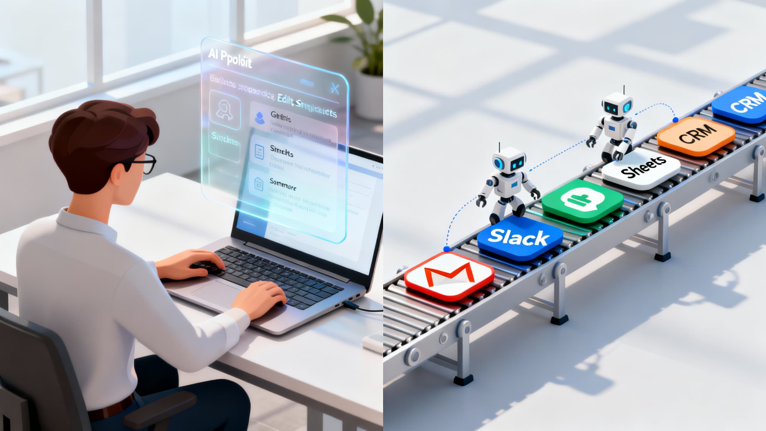Side-by-side: an AI copilot assisting a knowledge worker, and a conveyor of app icons connected by automation bots