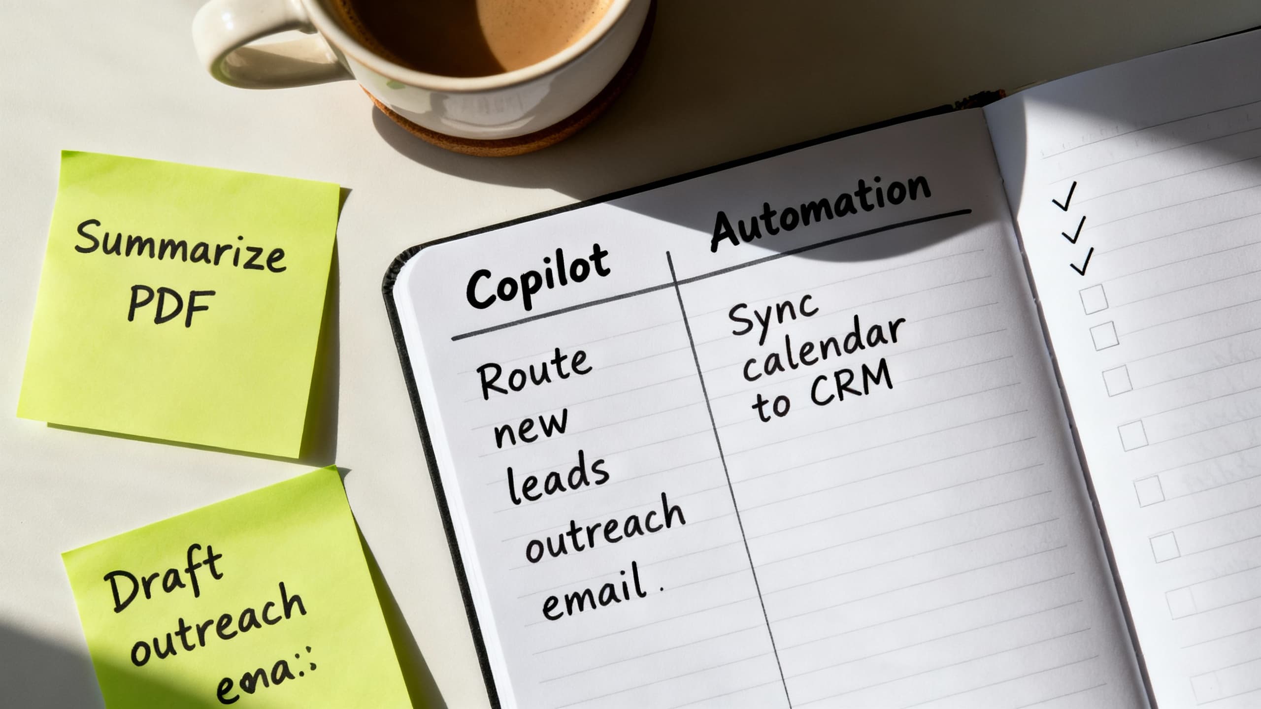 Desk scene with sticky notes labeled tasks, half tagged 'Copilot' and half 'Automation', implying a hybrid workflow