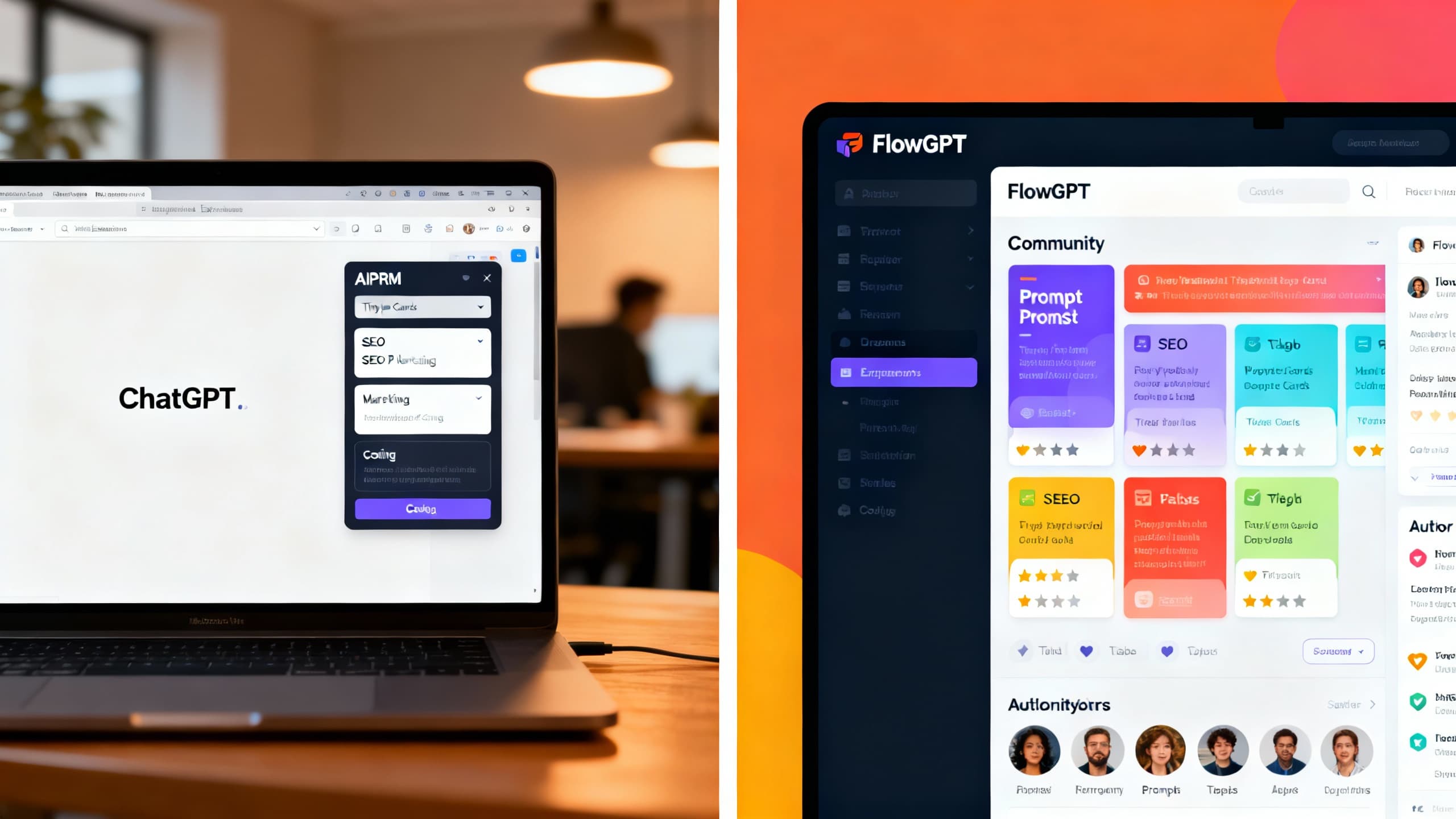 Split-screen concept: AIPRM embedded in ChatGPT on the left, FlowGPT community library on the right, both showing curated prompt cards and categories