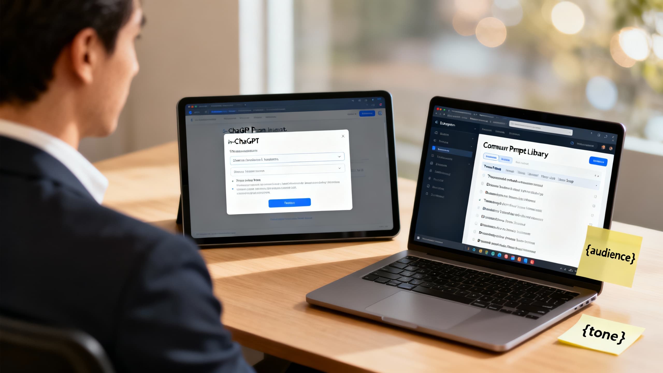 Decision moment: a professional choosing between a streamlined in-ChatGPT prompt tool and a broad community library on a laptop