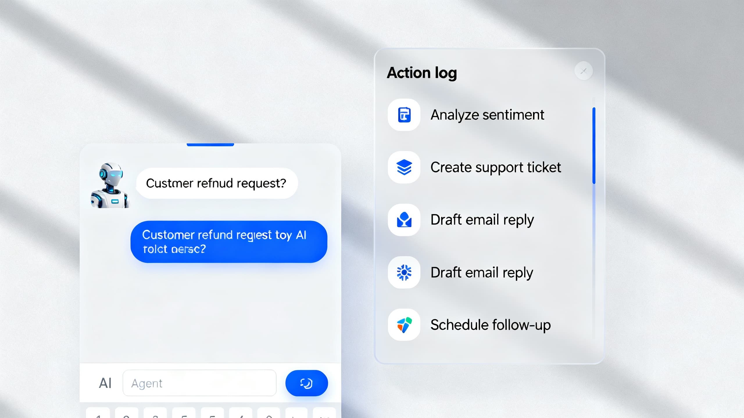 A modern workspace UI showing a user chatting with an AI agent on the left and a transparent activity log of actions (create ticket, update CRM, send draft) on the right.