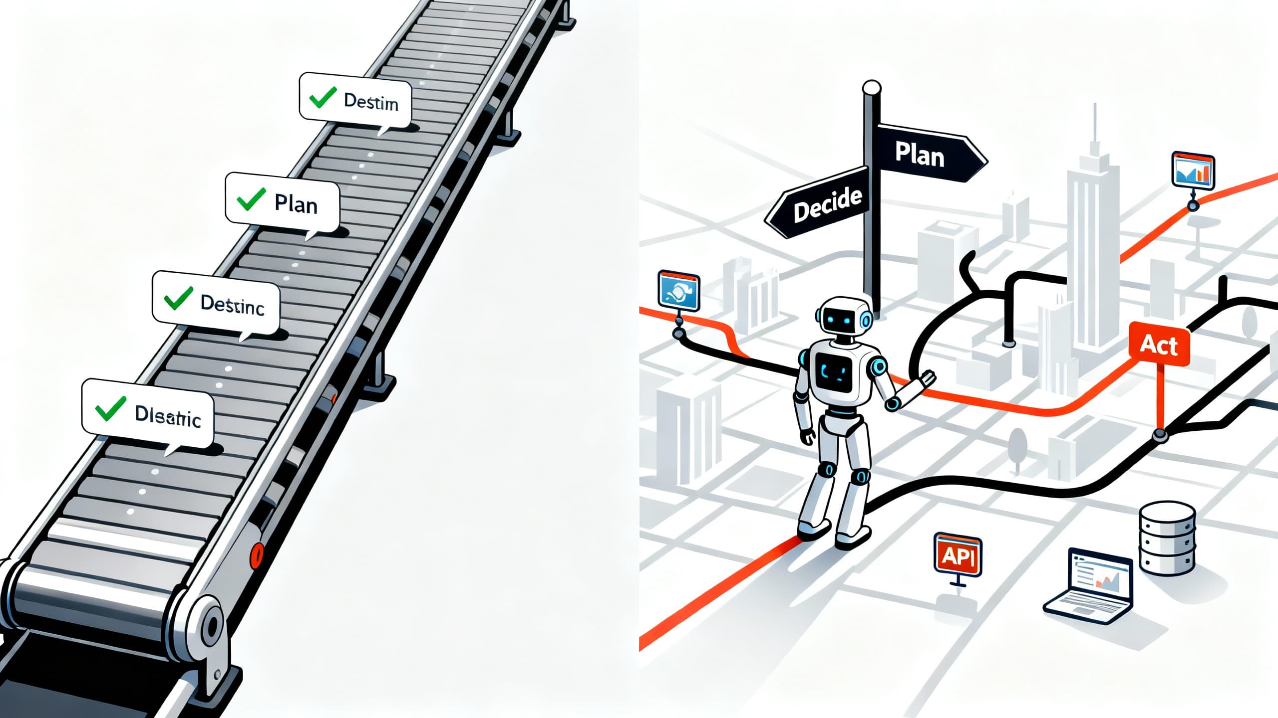 Side-by-side concept: left shows a clean, straight conveyor belt labeled 'Deterministic Automation'; right shows an AI 'agent' navigating a branching city map with signs 'Plan', 'Decide', 'Act' using tools.