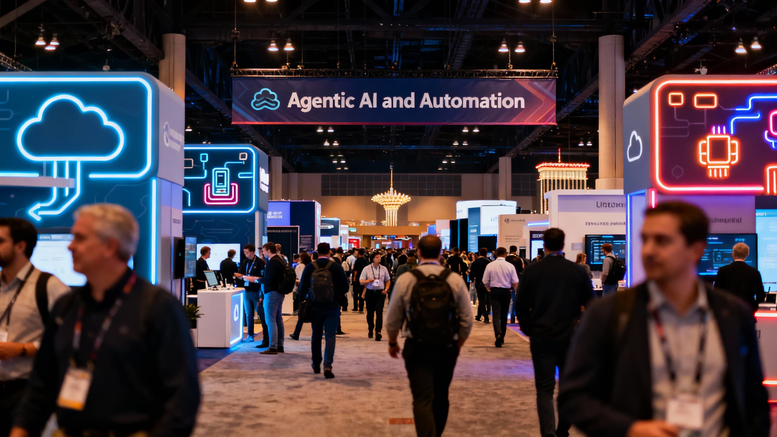 Opening-day floor at a major cloud conference in Las Vegas, with a central sign about agentic AI and automation, crowds of attendees, and demo booths.