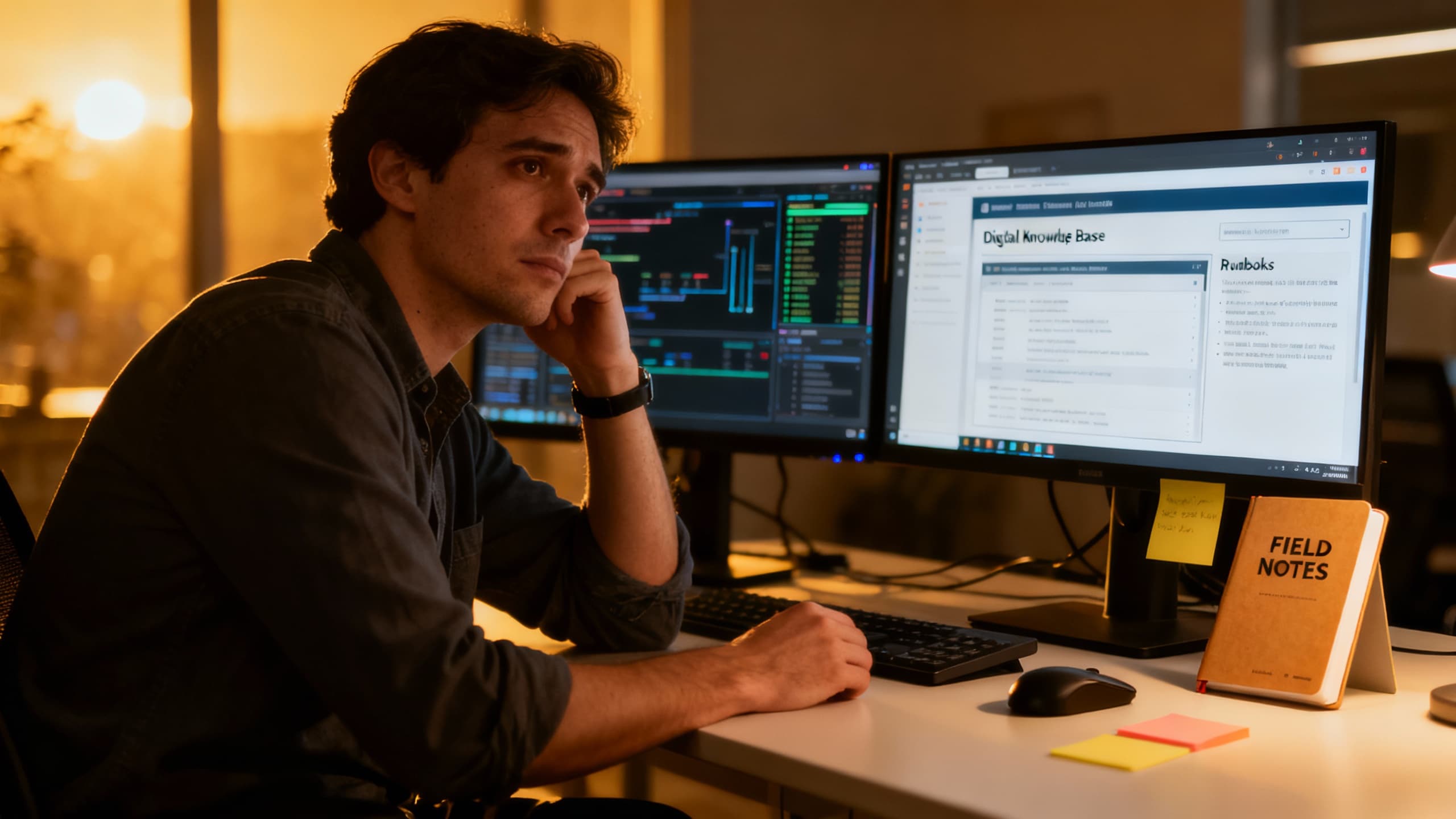 Operator referencing digital runbooks with dashboards and alerts in the background