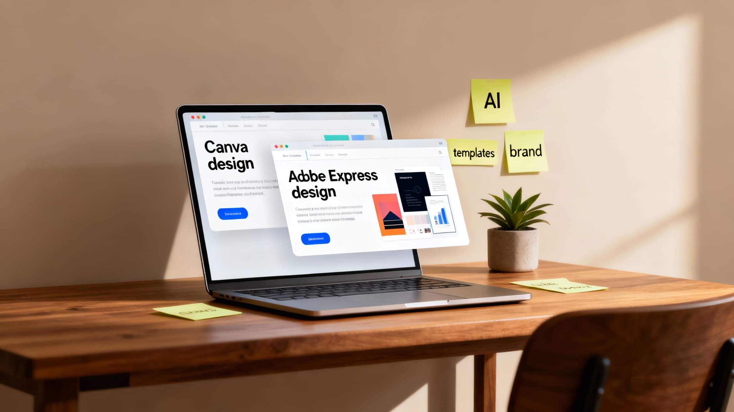 A creator’s minimalist desk with laptop screens showing Canva and Adobe Express projects side-by-side