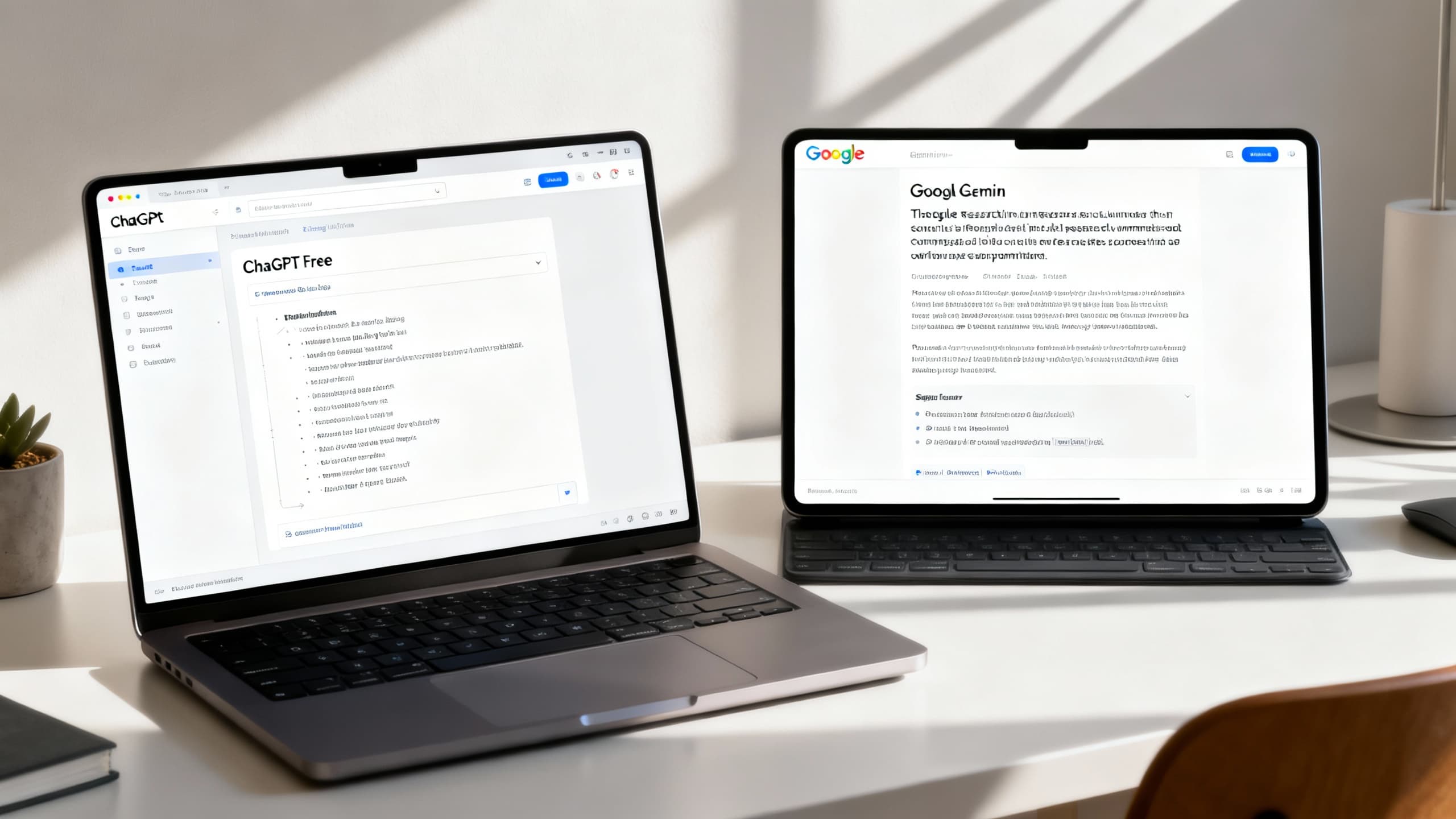 ChatGPT Free and Google Gemini interfaces side-by-side, each answering a creative prompt with text and an image thumbnail