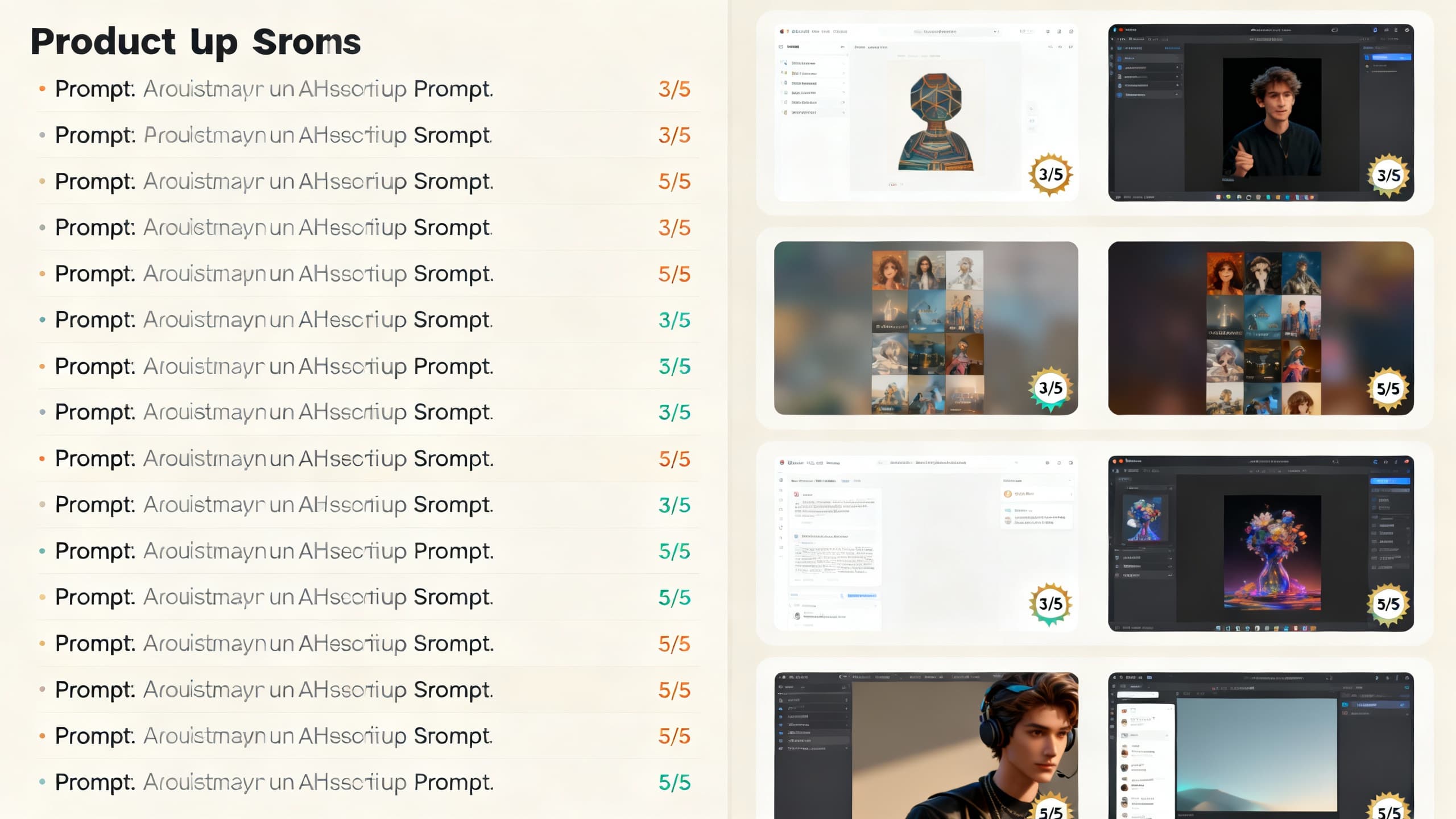 Split-screen interface concept: left column shows identical test prompts, right columns show outputs from different AI tools with small score tags like 3/5, 5/5, 4/5. Clean UI mock style.