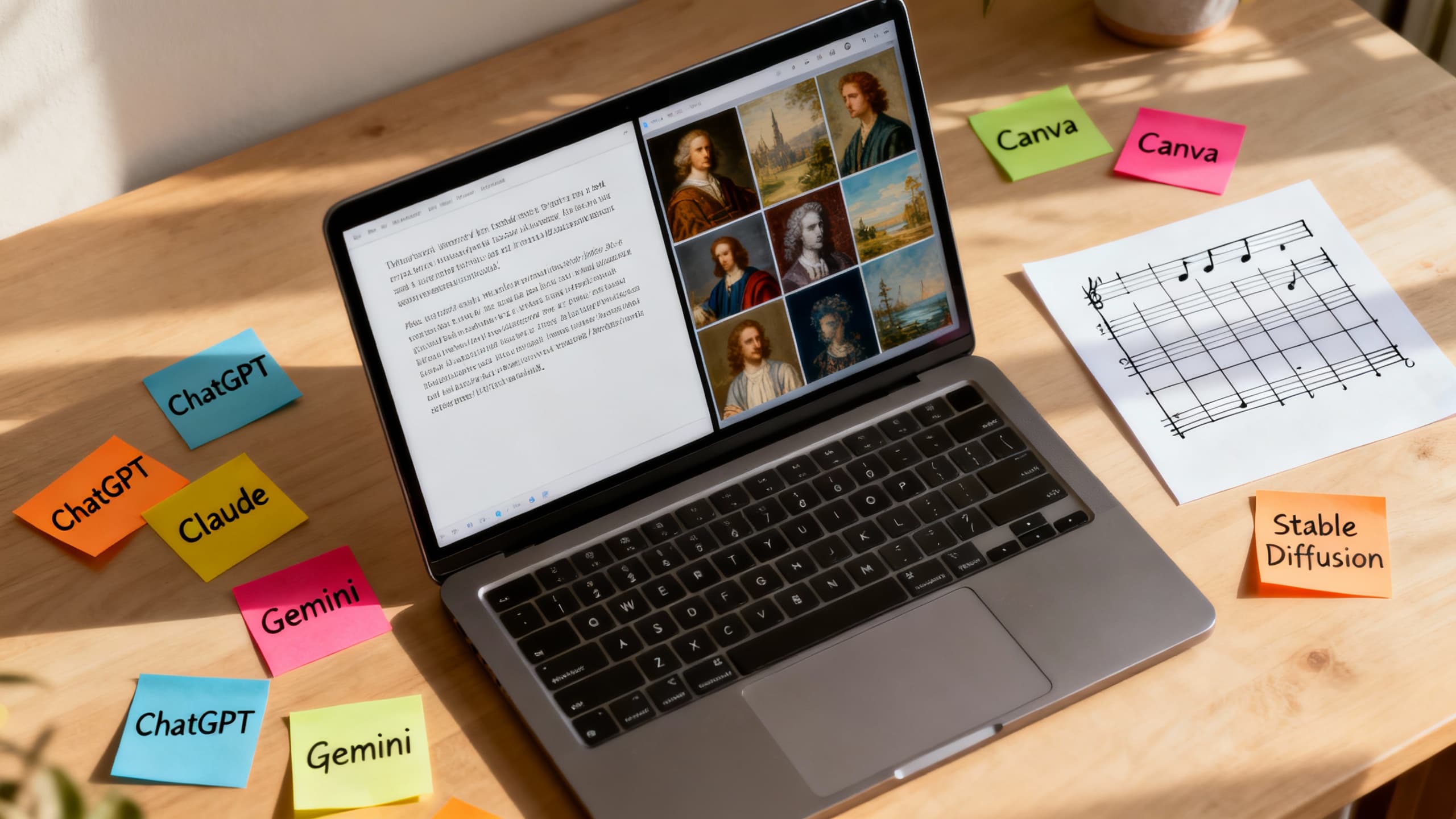 A desk with labeled sticky notes showing different AI tools, a simple scoring matrix, and a laptop running side-by-side comparisons of generated outputs
