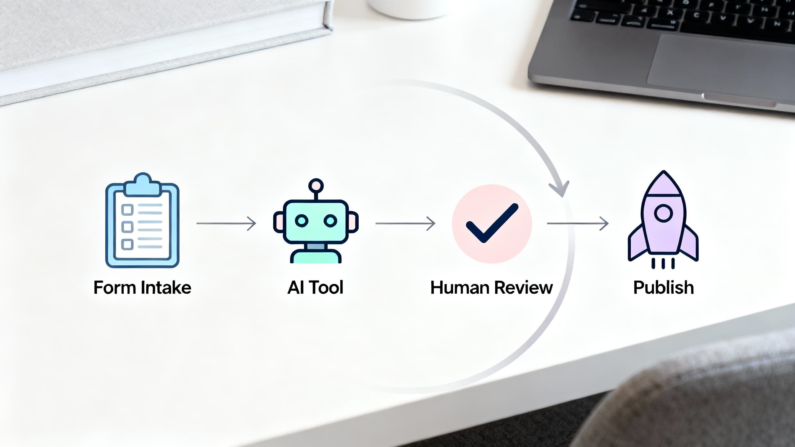 A simple workflow diagram showing form intake feeding an AI tool, human review in Docs, and auto-publish to social channels