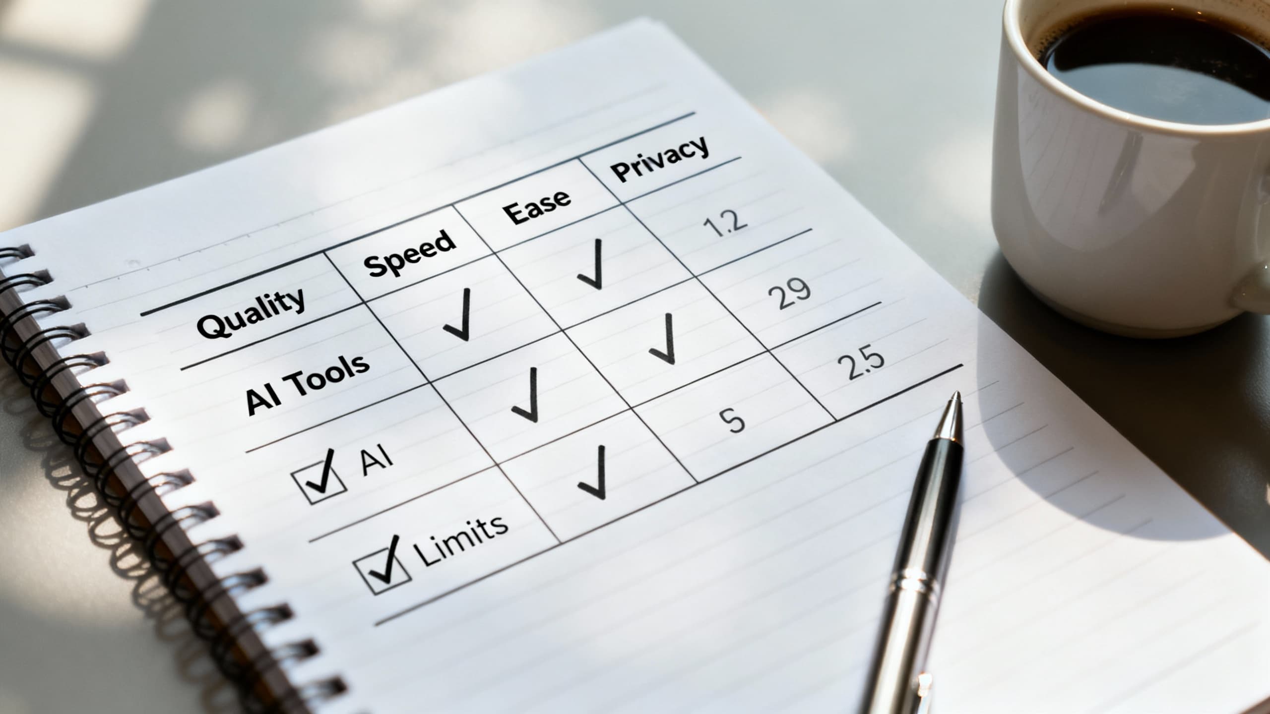 A clean scoring matrix on a notepad with three AI tools ranked, checkmarks next to quality, speed, and ease criteria