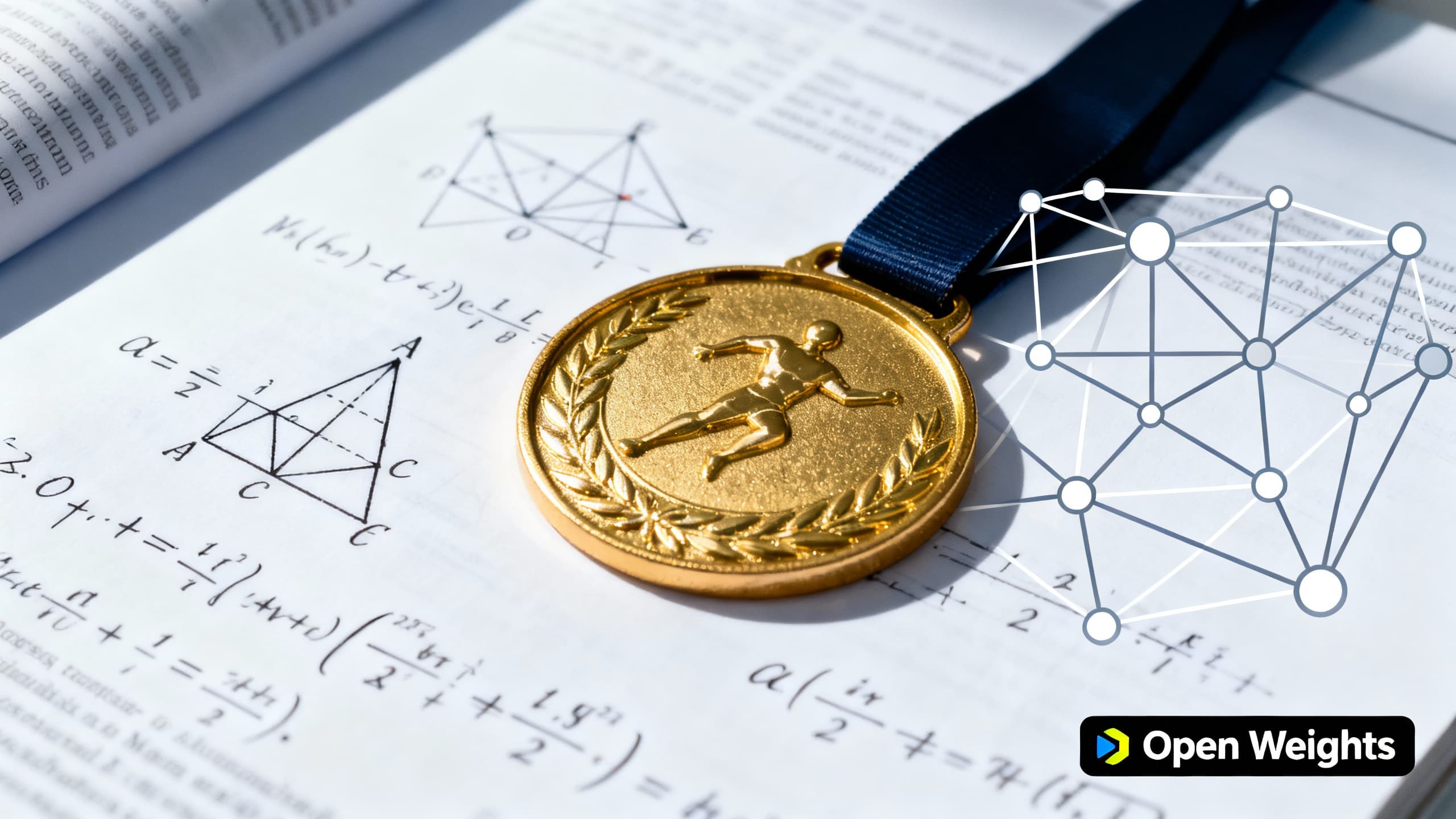 A gold medal on math notes next to a stylized neural network; the words 'open weights' on a download badge