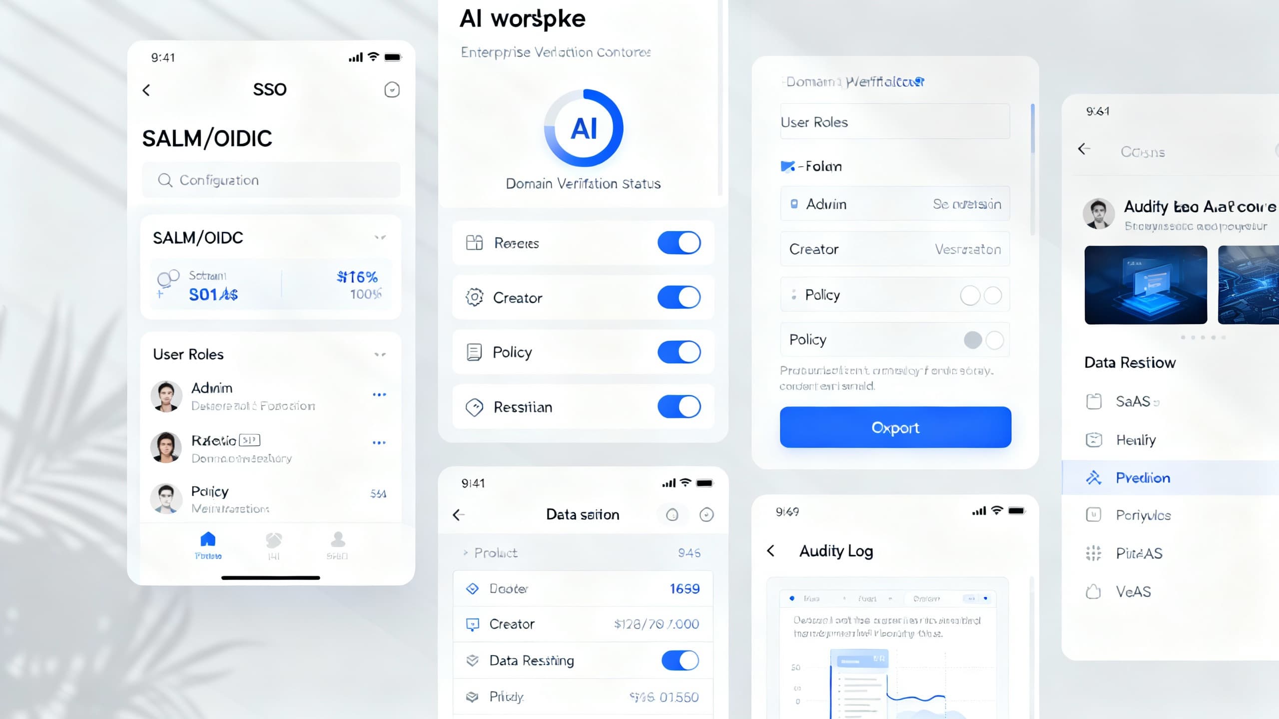 Admin console screenshot concept showing SSO setup, domain verification, role management, and policy toggles