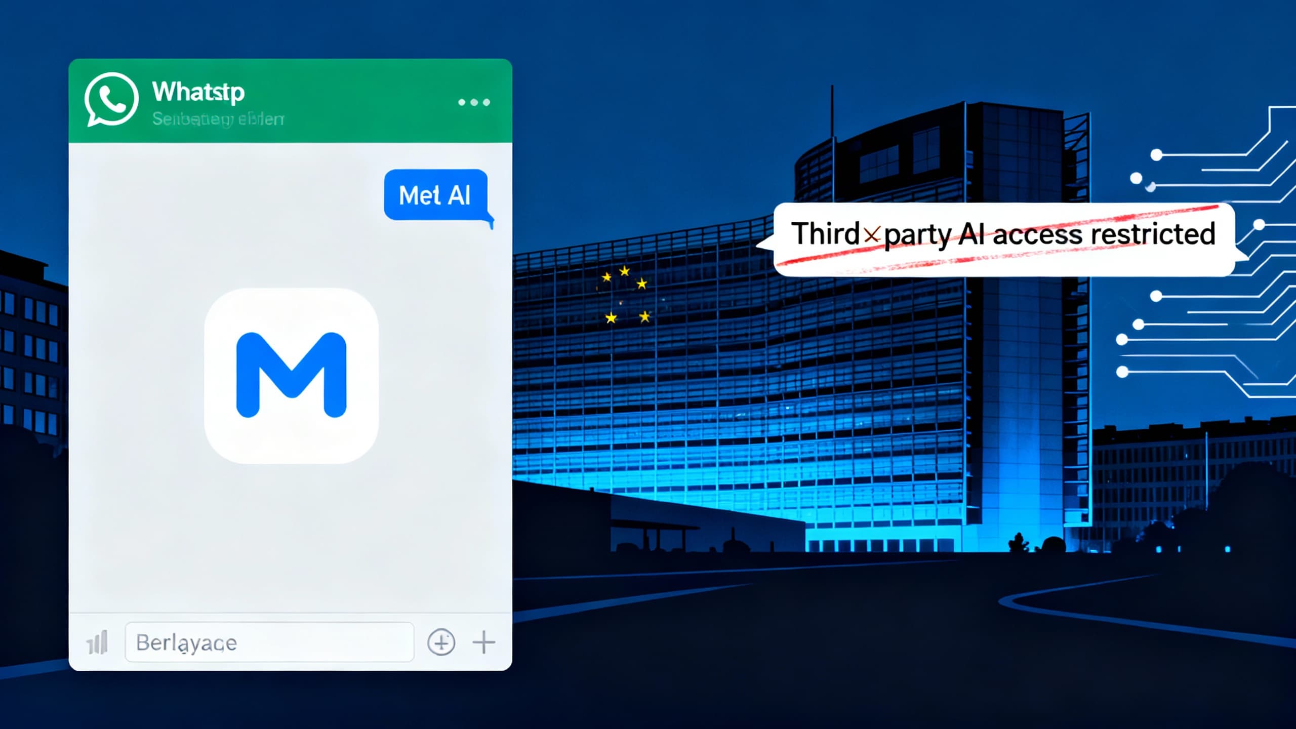 Split scene: on the left, a WhatsApp chat with a blue Meta AI icon; on the right, a generic 'Access blocked for third‑party AI' message with the European Commission Berlaymont silhouette in the background