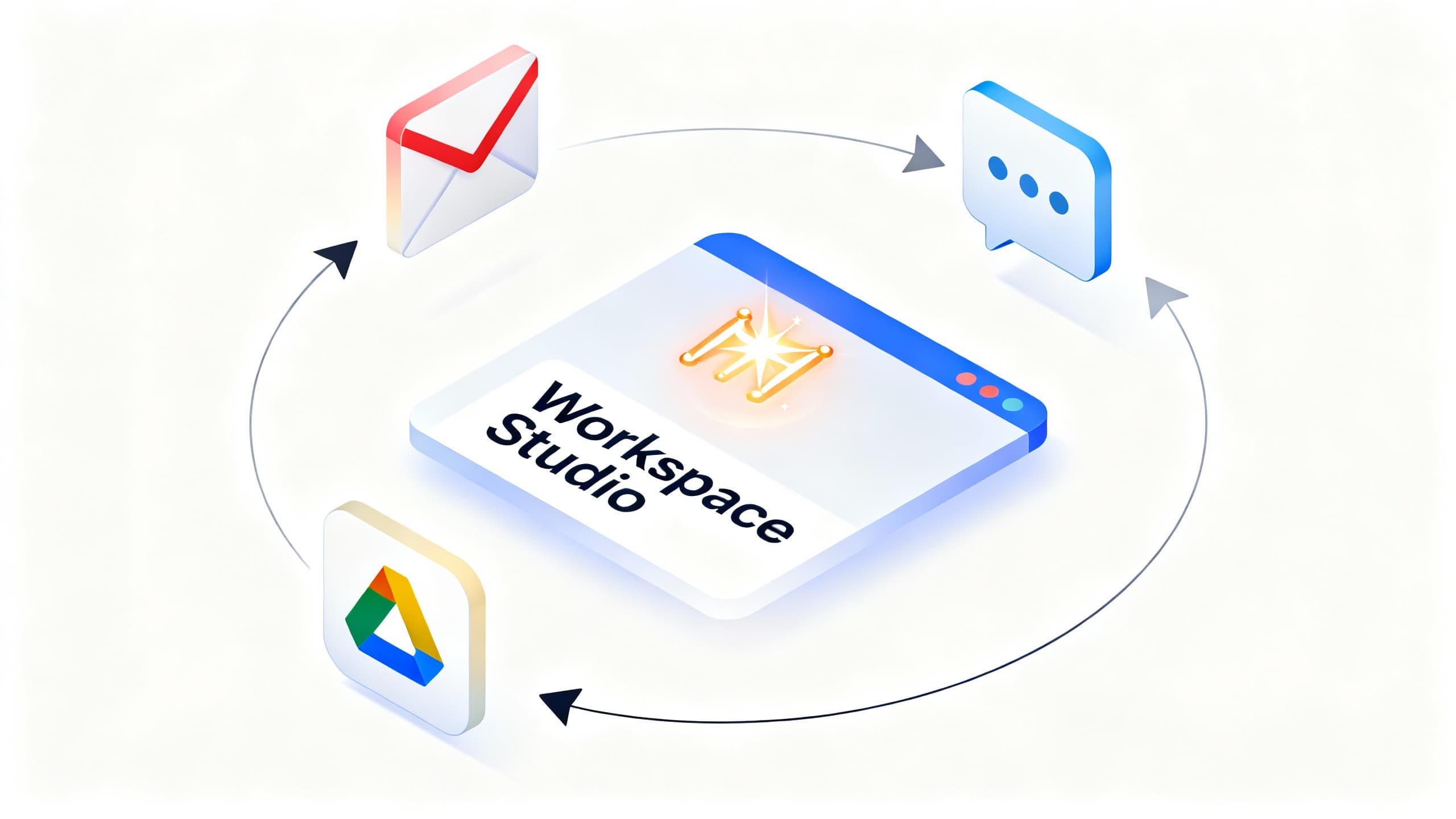Illustration of Google Workspace icons (Gmail, Drive, Chat) connected to a central Workspace Studio canvas with a Gemini spark.