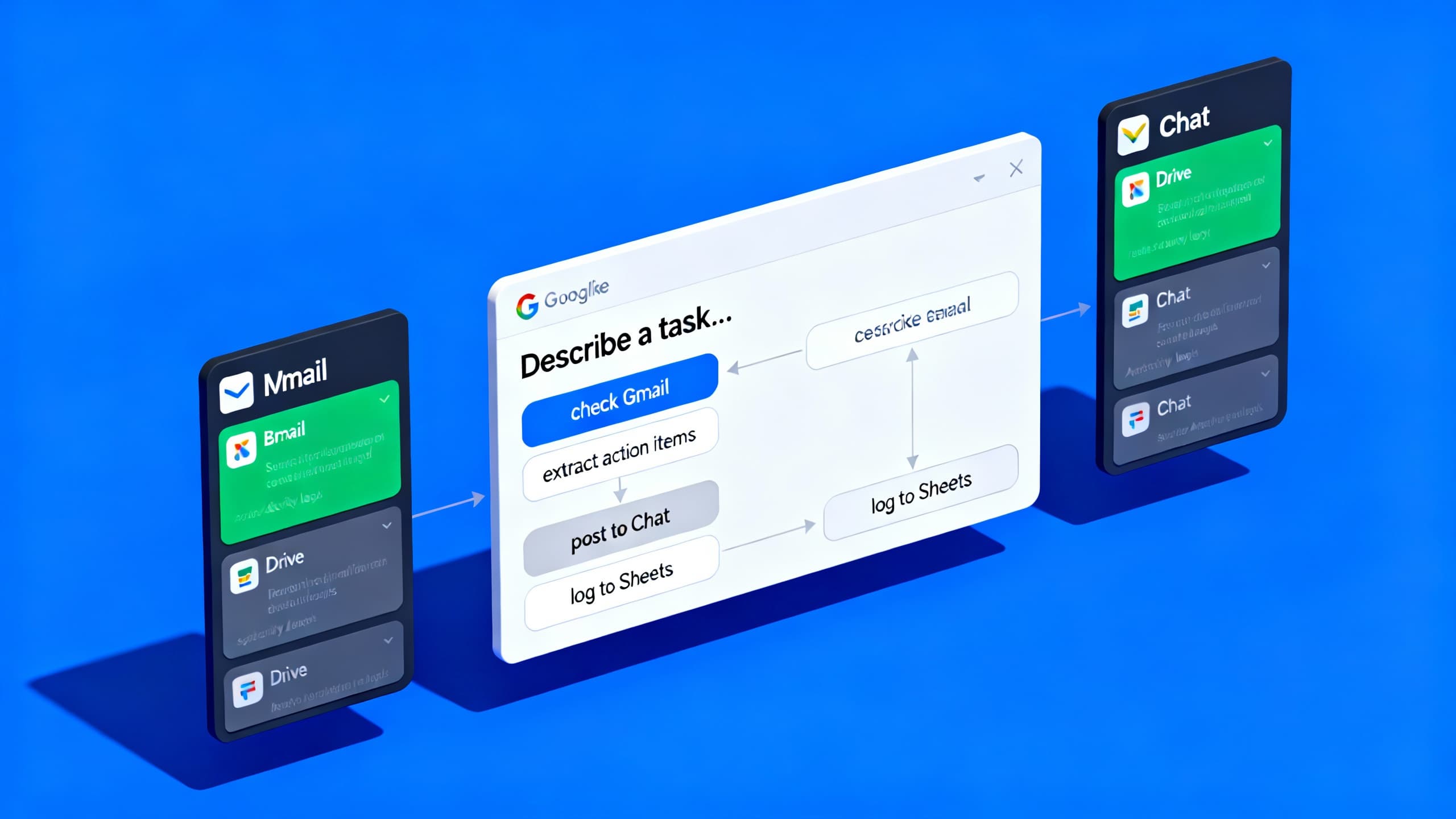 Conceptual UI of an agent being built: a natural-language prompt becomes a multi-step flow (check Gmail → extract action items → post to Chat → log in Sheets).
