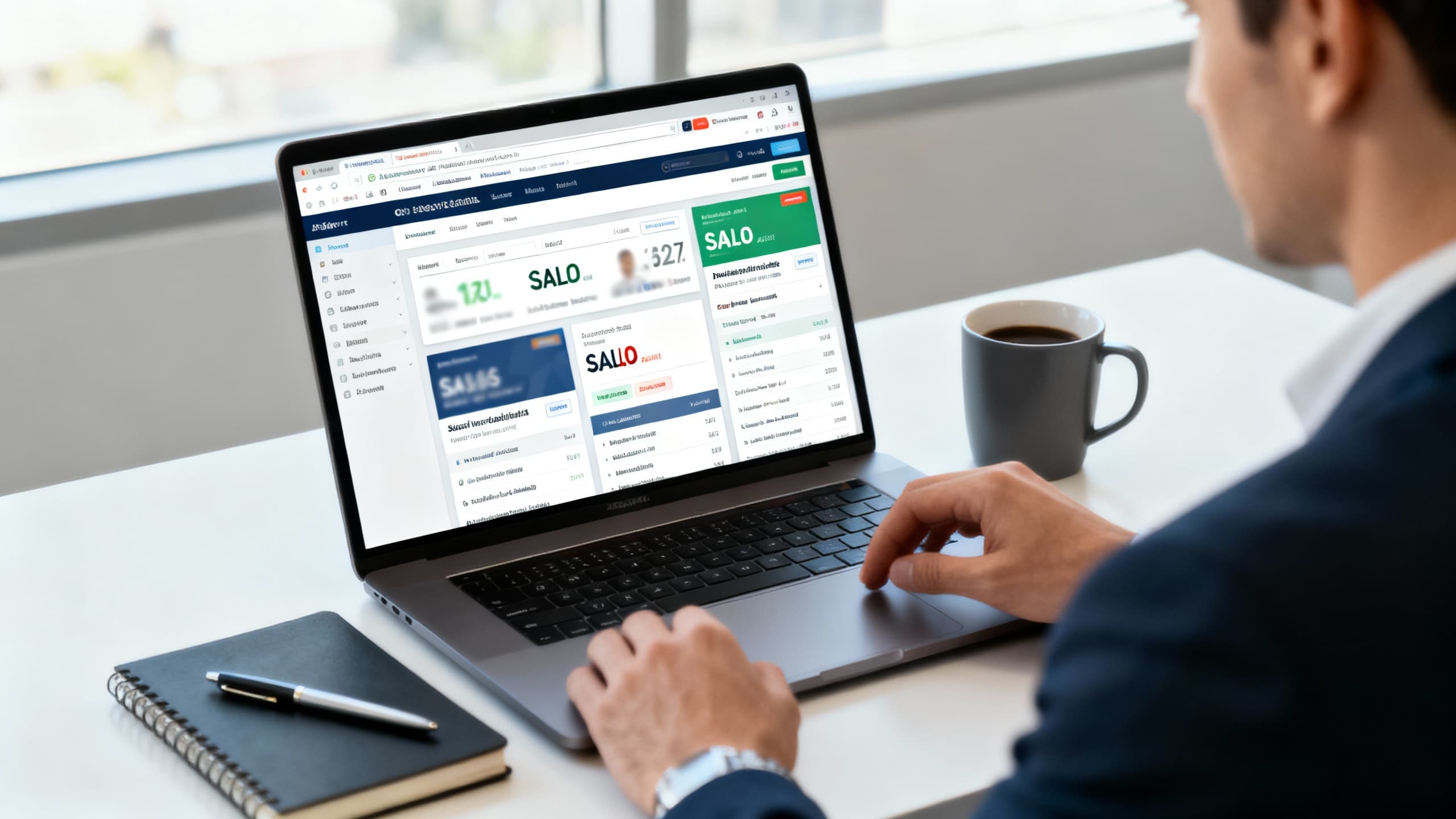 Professional reviewing multiple salary sources on a laptop with notes and a coffee mug on the desk