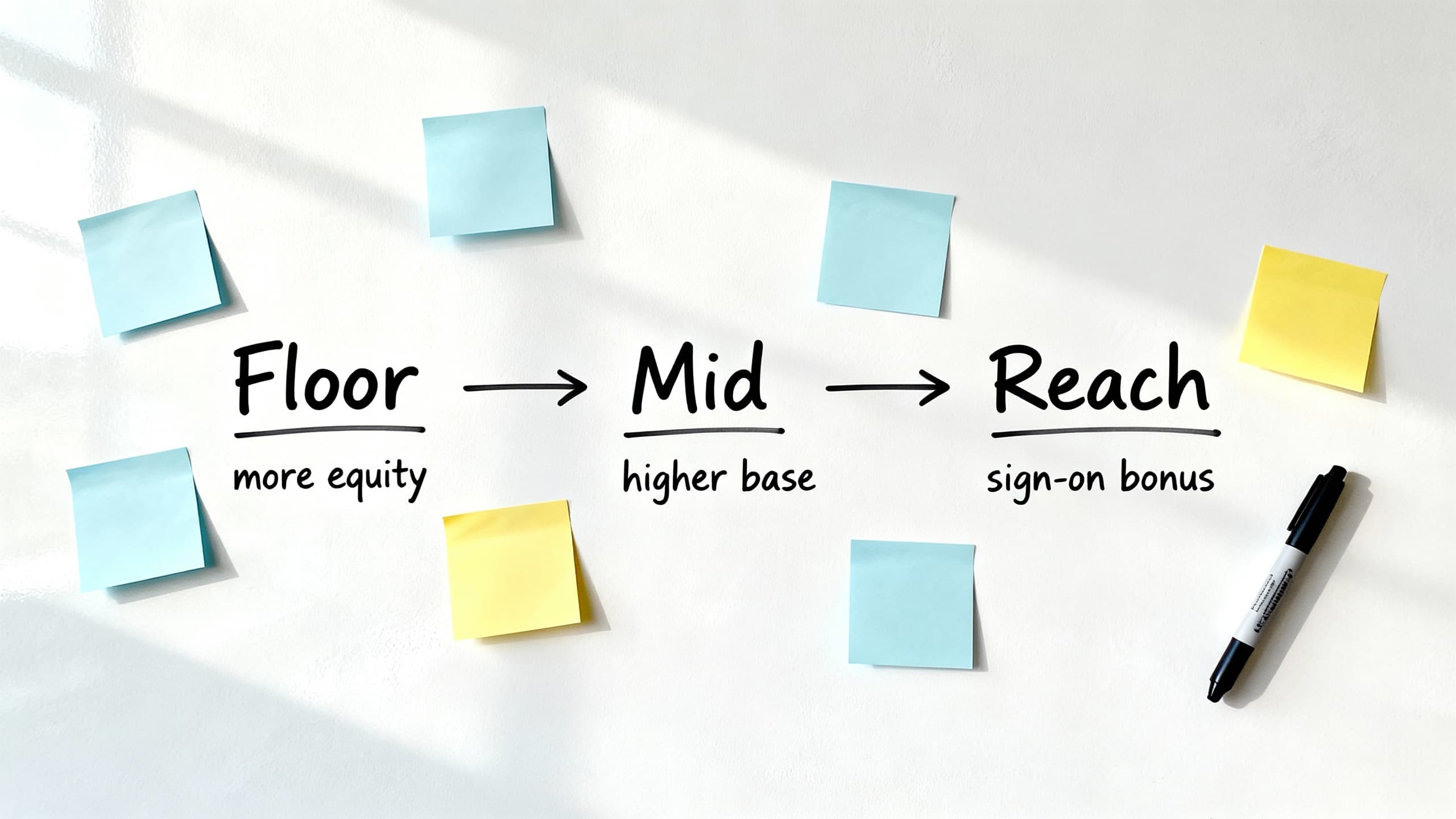 Whiteboard scene with a target compensation range: floor, mid, reach, and trade-offs like equity vs. base