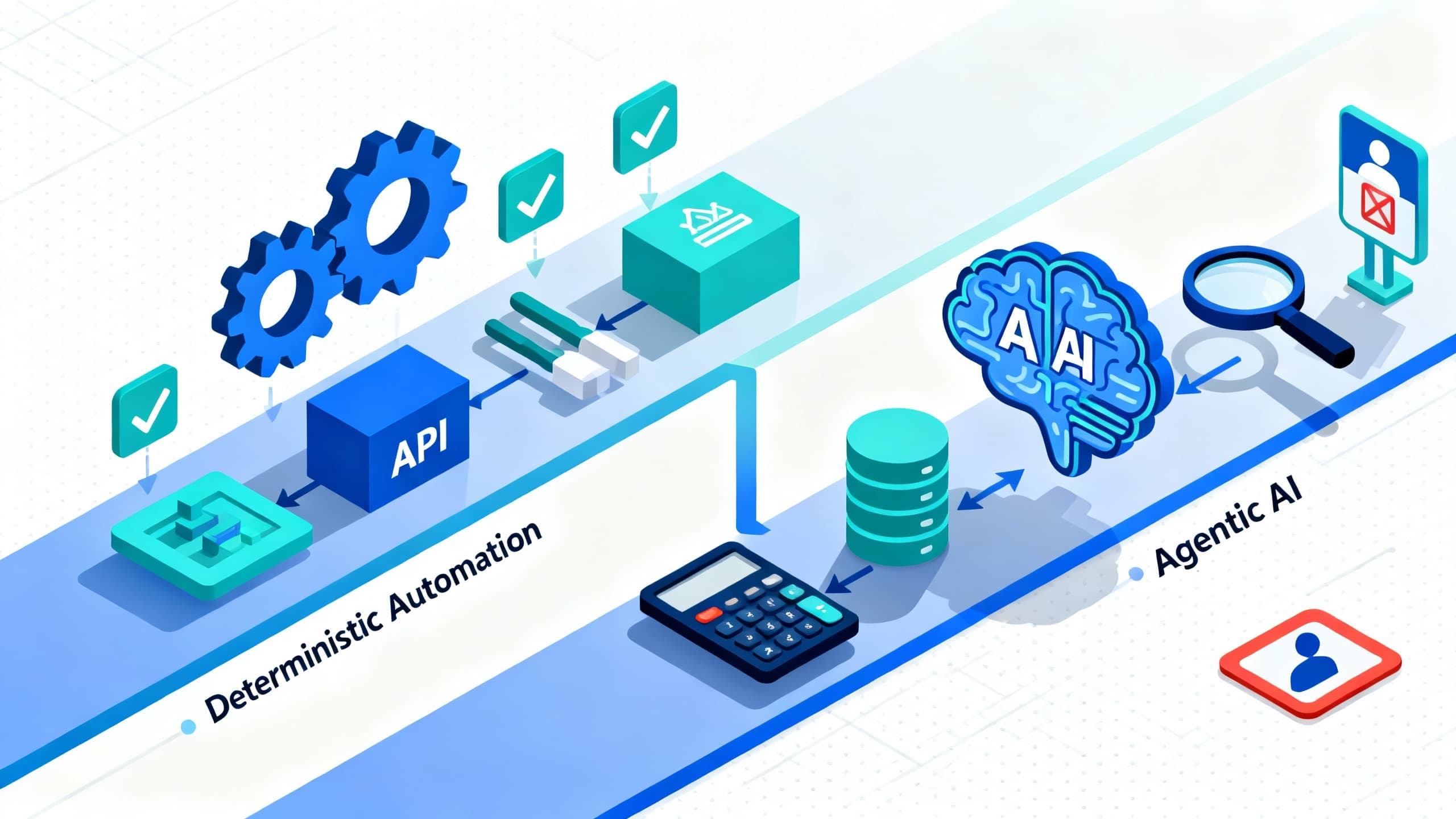 Split flow diagram: deterministic automation lane and agentic AI lane with checkpoints