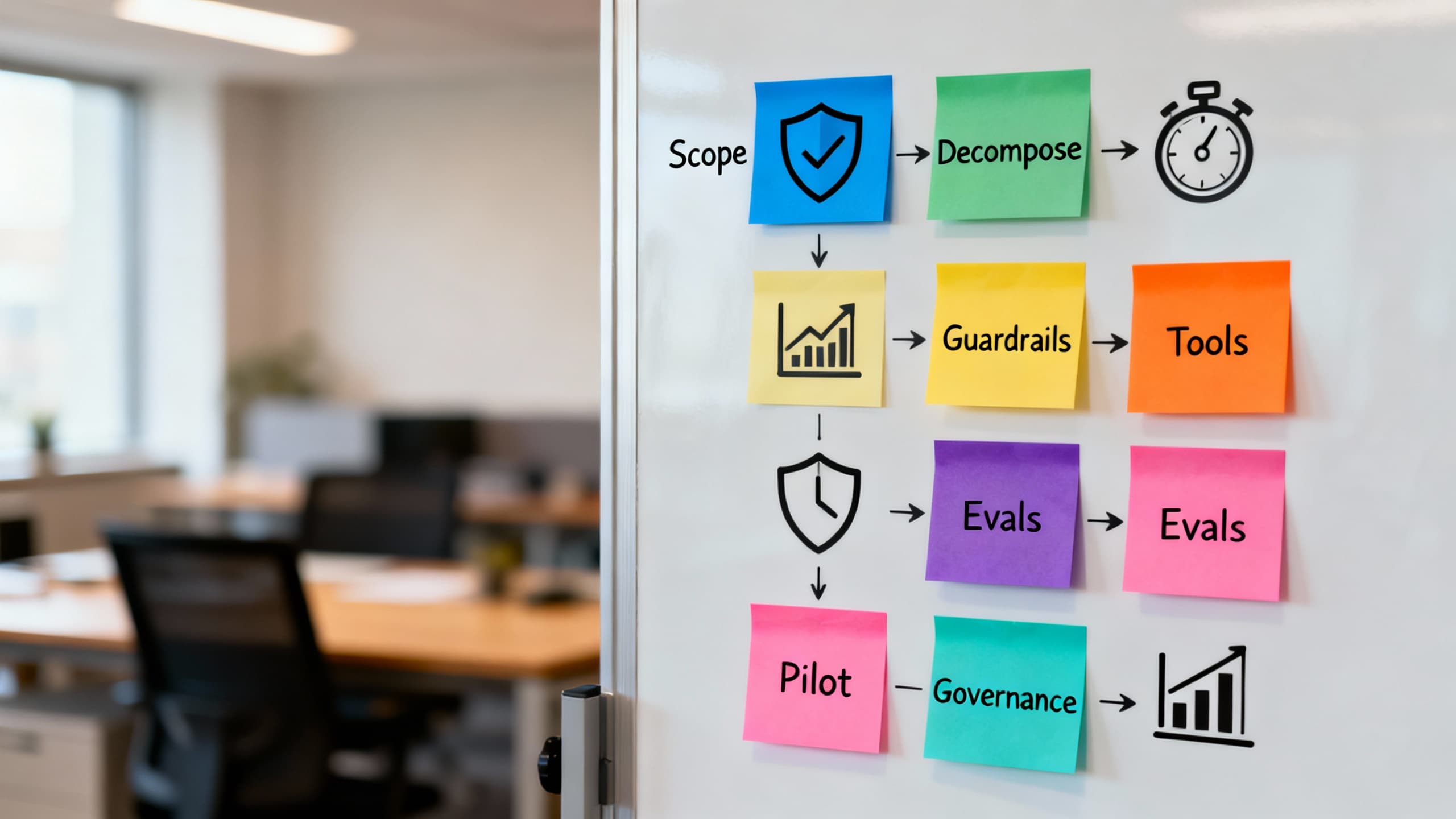 Team whiteboard checklist of steps from scoping to governance with sticky notes