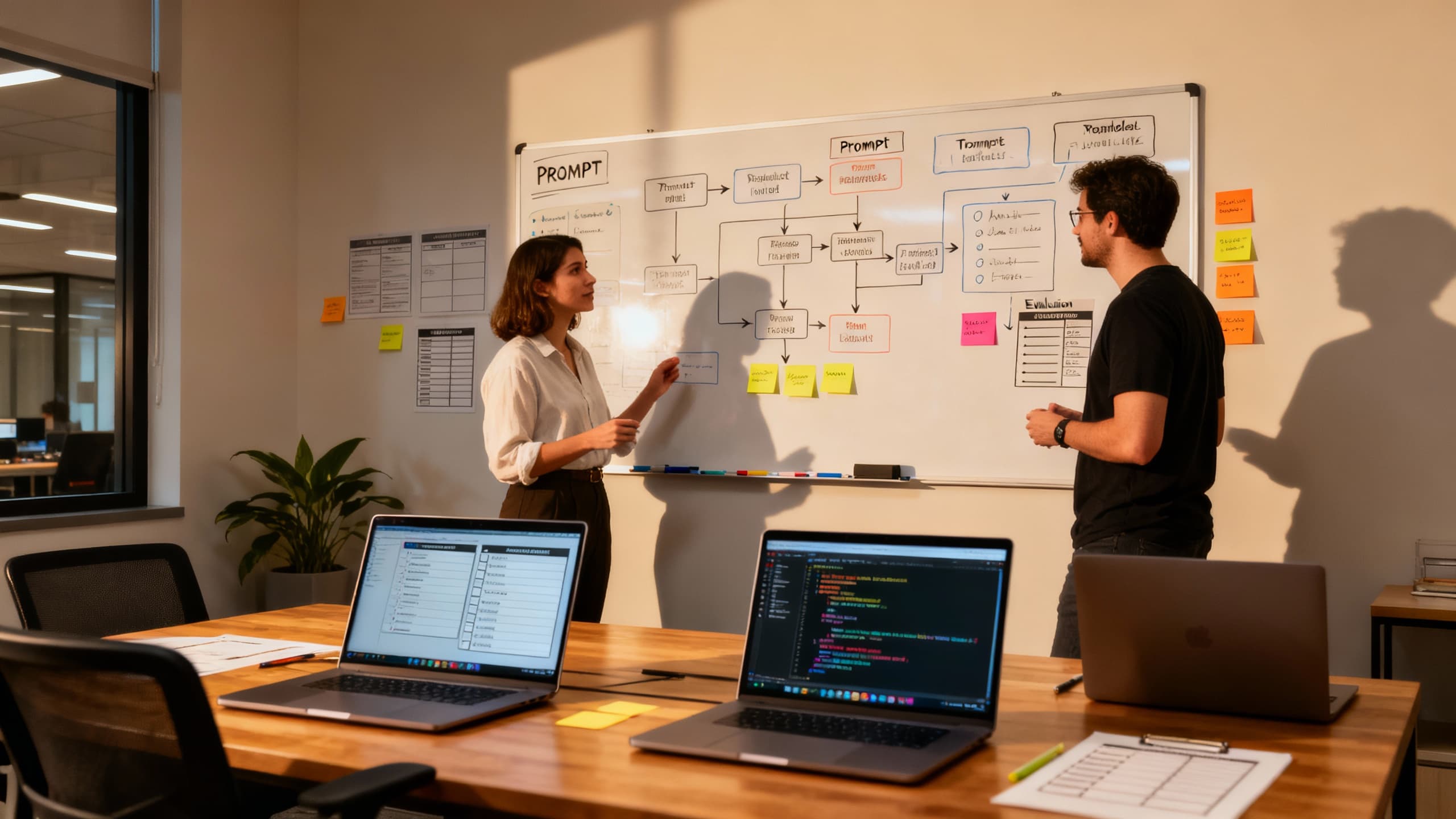 A product manager and developer collaborating at a whiteboard, refining prompts and test cases for an AI assistant; sticky notes, flow diagrams, laptops open to code and evaluations; warm tech office lighting