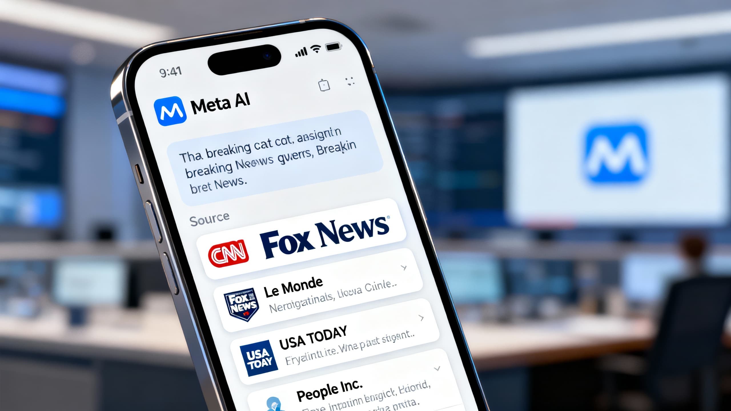 Illustration of Meta AI interface answering a news question with source cards from CNN, Fox News, Le Monde, USA TODAY, People Inc., and others