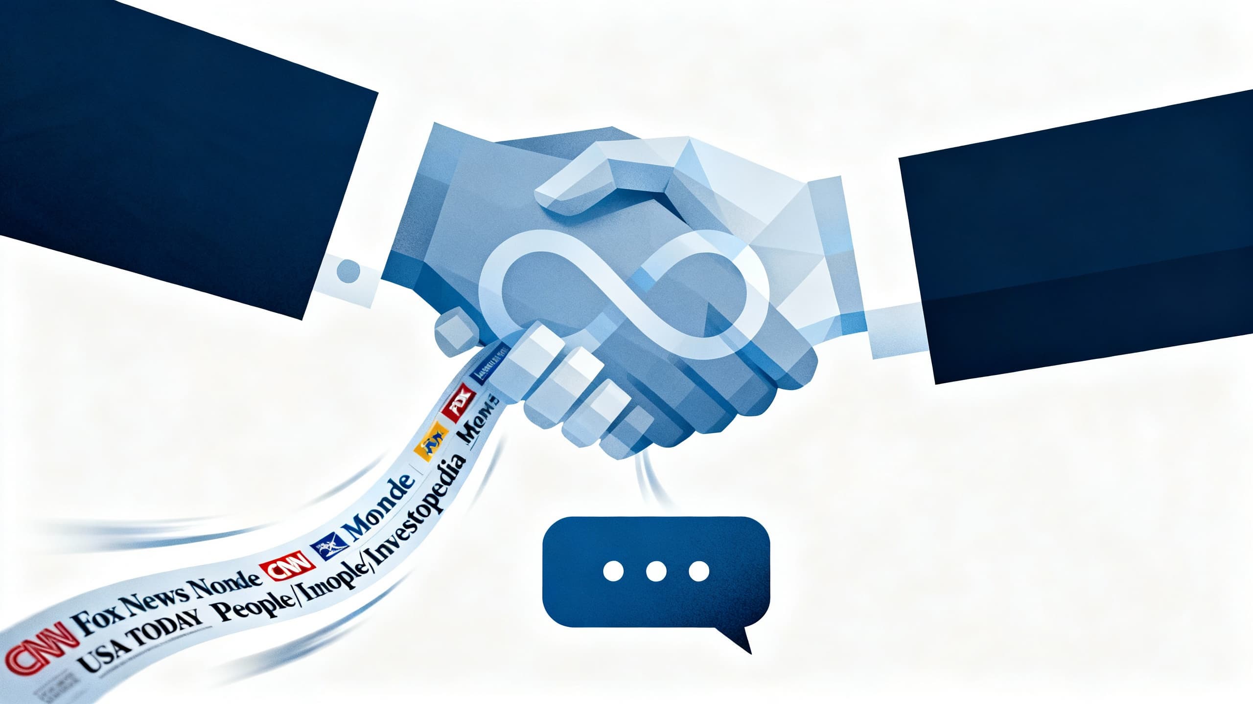 Editorial illustration of a handshake between Meta and a range of publisher logos flowing into a chat bubble that outputs linked news results