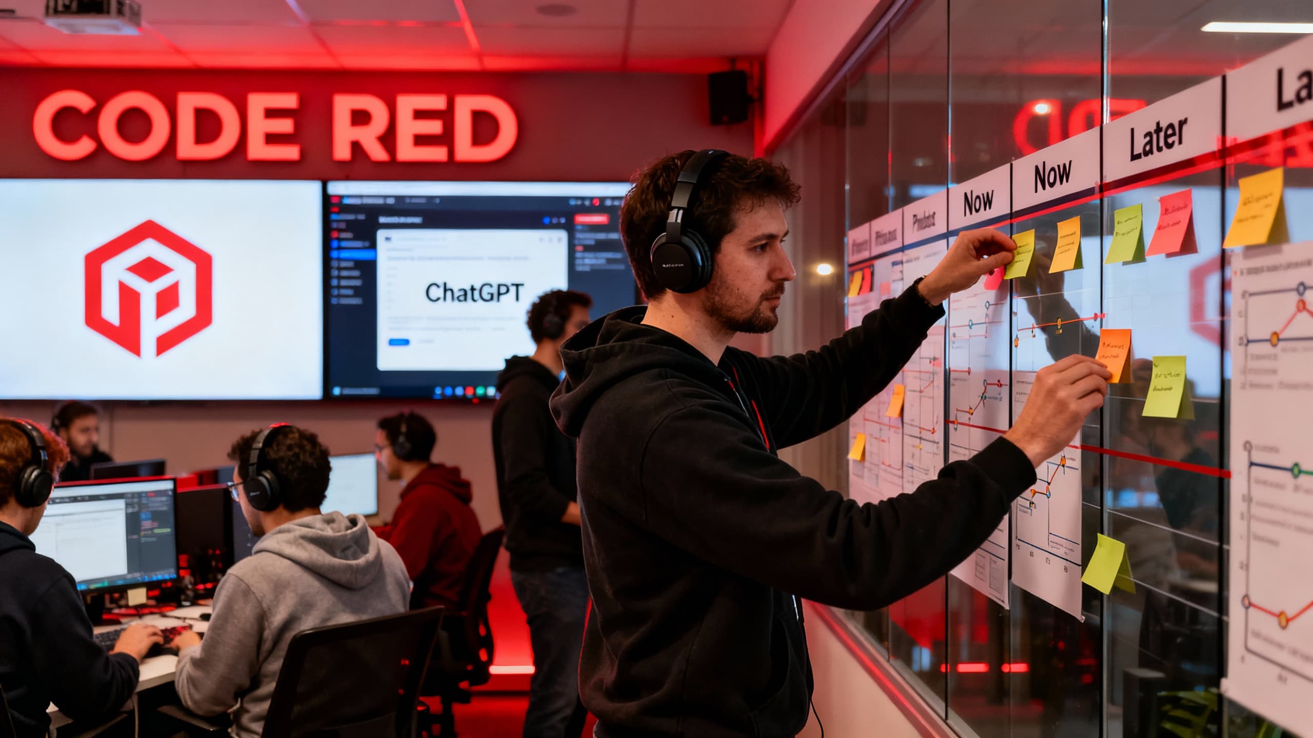 An urgent, late-night product war room with red dashboards labeled ‘Code Red’, ChatGPT UI elements on big screens, and engineers reprioritizing tasks.