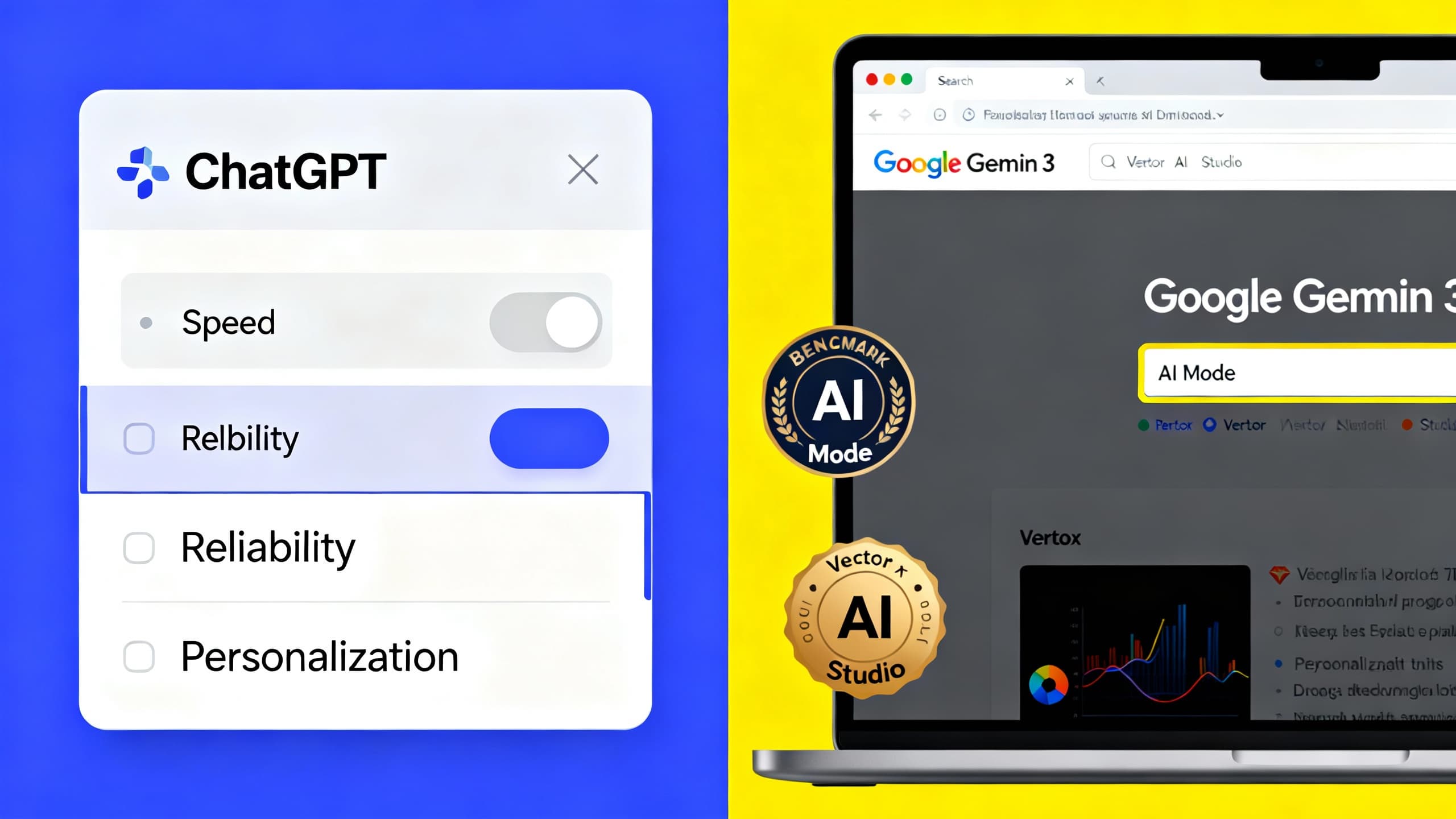 Split-screen, stylized comparison: on the left a ChatGPT interface focused on speed and personalization toggles; on the right a Gemini 3 panel showing Search AI Mode and benchmark badges.