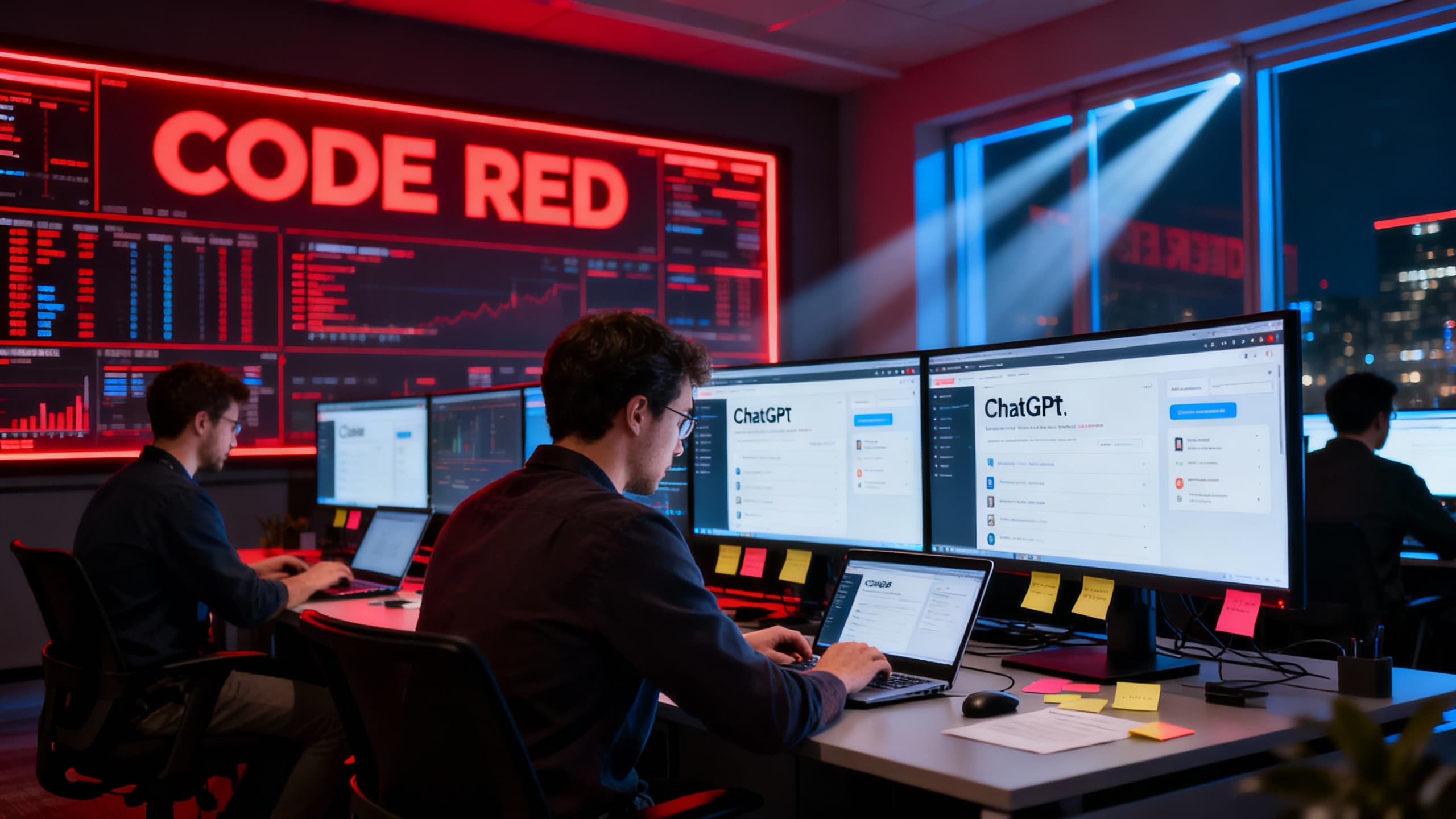 OpenAI product team in a late‑night war room with ‘CODE RED’ dashboards and a ChatGPT UI on wall screens