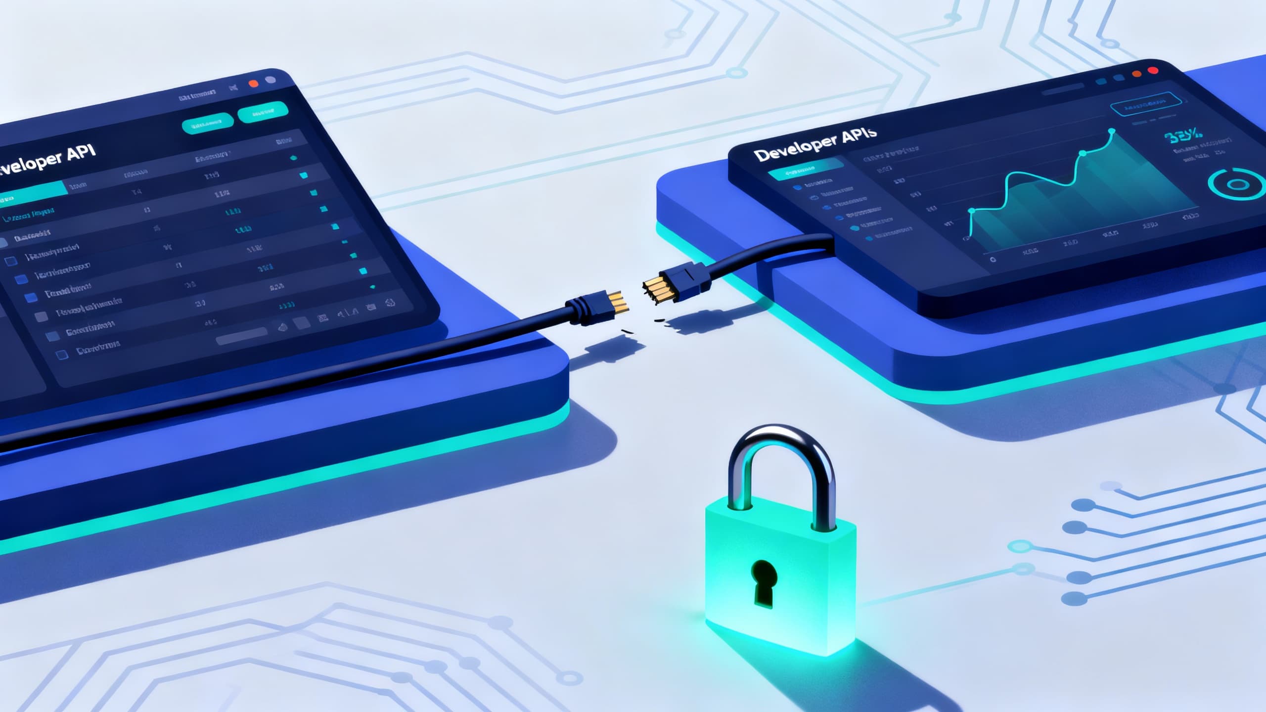 Conceptual image of a severed data cable between a developer platform and an analytics tool, with a security lock icon in the foreground