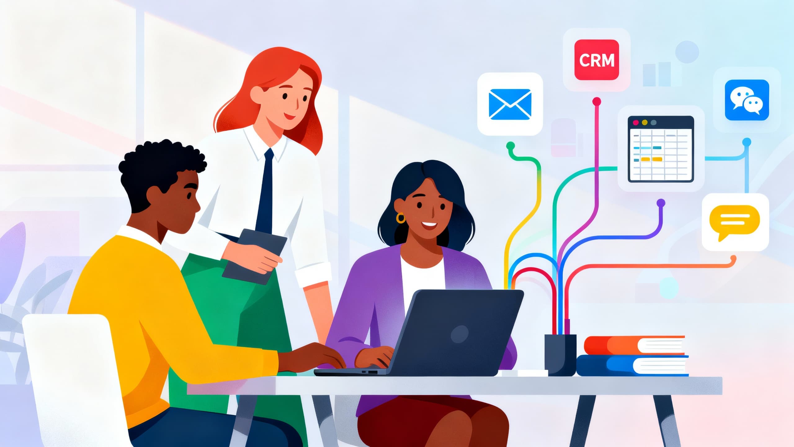 Illustration of a small business team connecting apps through a simple automation flow, with icons representing email, CRM, spreadsheets, and chat tools.