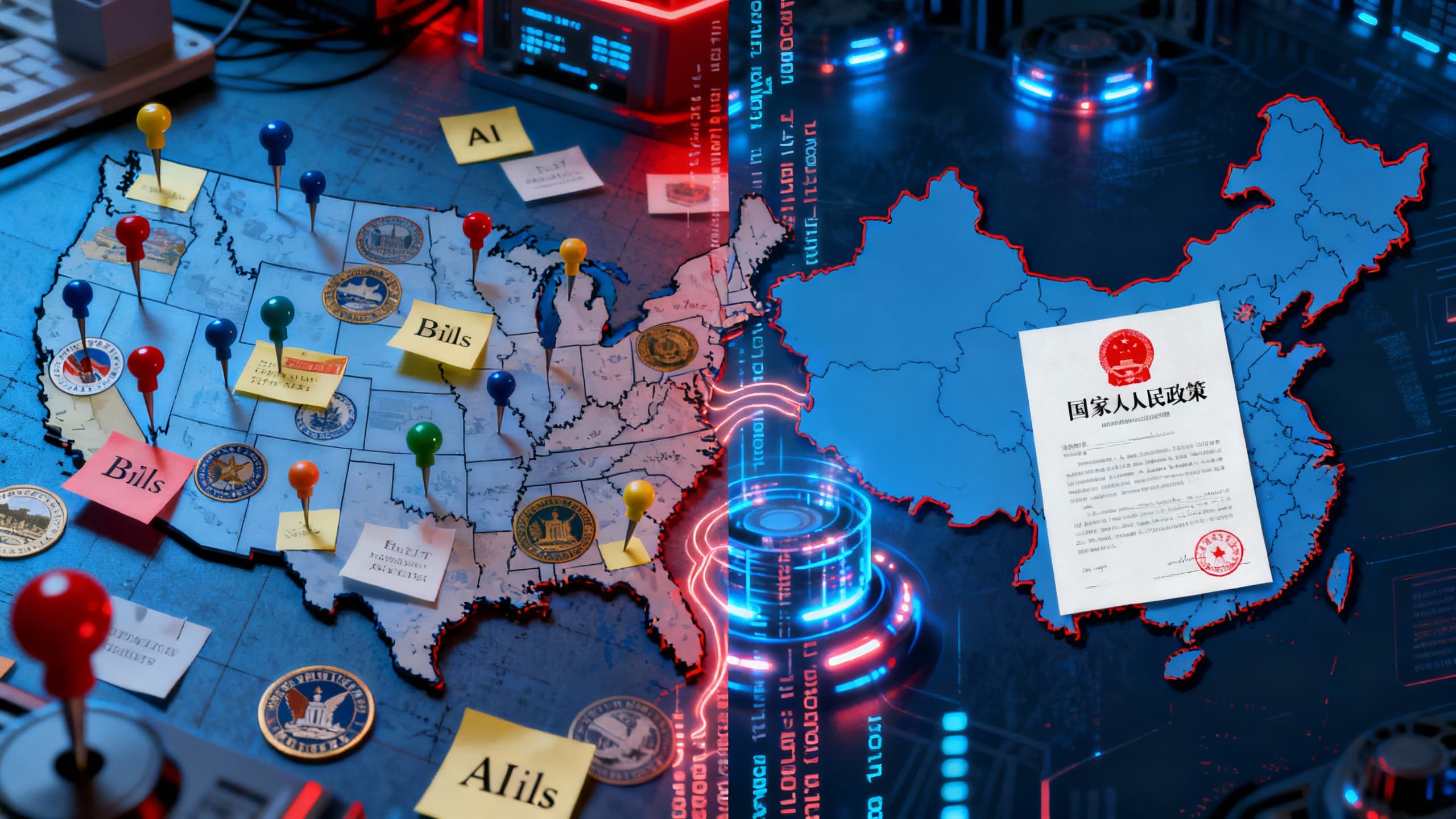 A split view of a U.S. map covered with dozens of statehouse pins and bill labels on one side, and a single, centralized policy document over a silhouette of China on the other; code streams and data center lights connect both halves